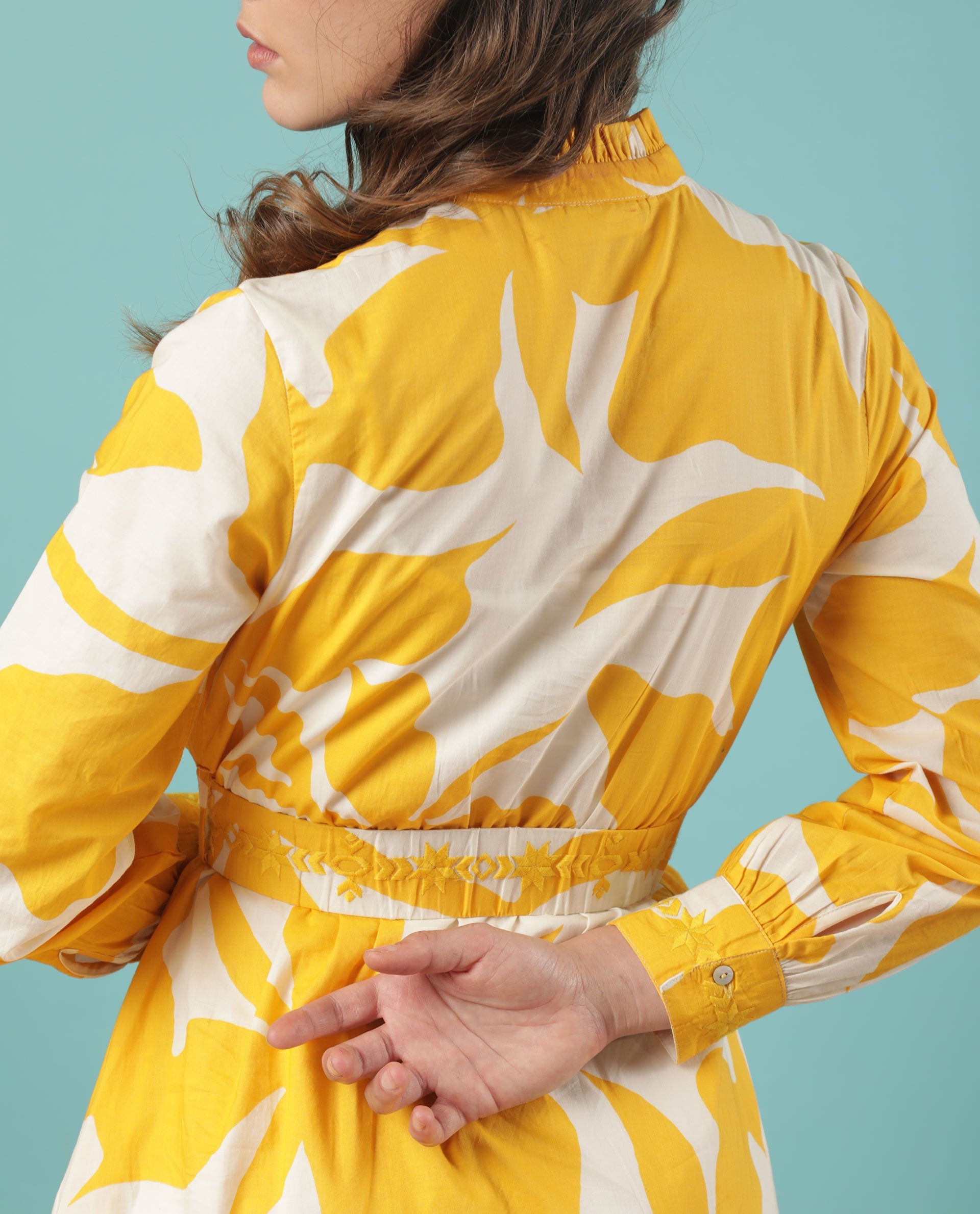 Rareism Women Eliott White Floral Print Mandarin Collar V Neck Full Sleeves With Cuff And Fabric Waist Belt Midi Dress