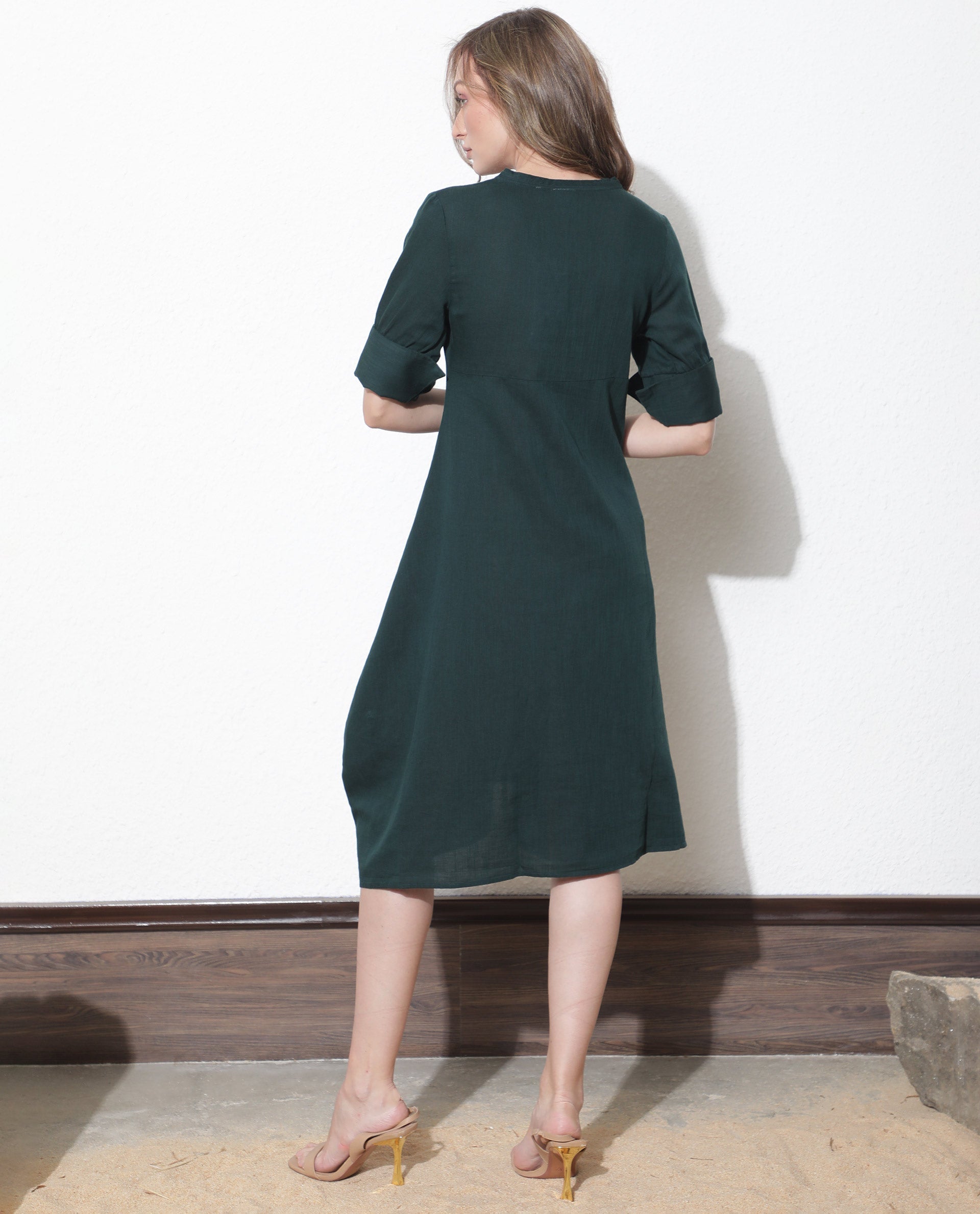 Rareism Women Cherry Green V Neck Tie-Up 3/4 Sleeves Symmetrical Knee Length Dress