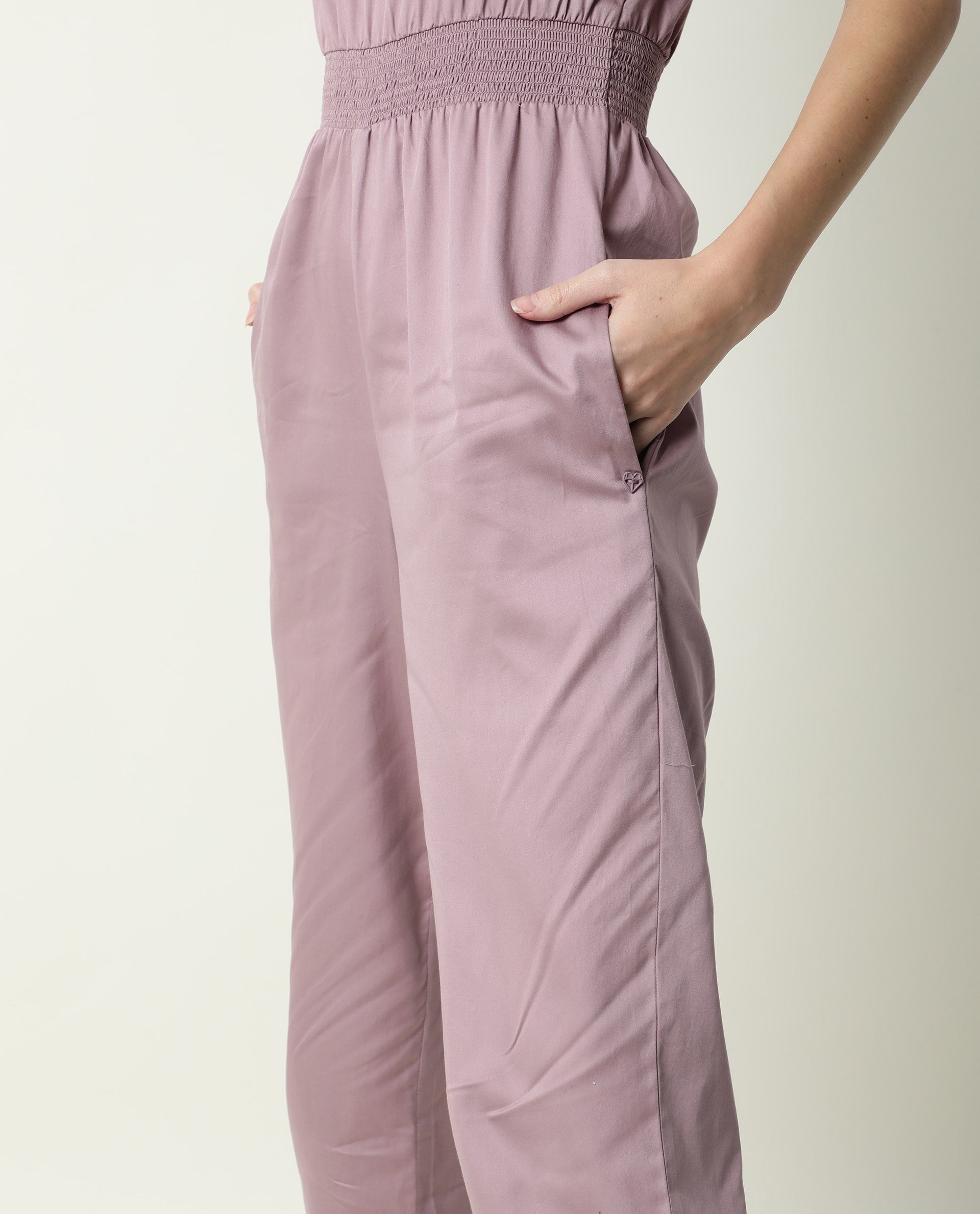 Rareism Women Husky Dusky Pink Cotton Satin Fabric Regular Fit Ankle Length Solid Jumpsuit