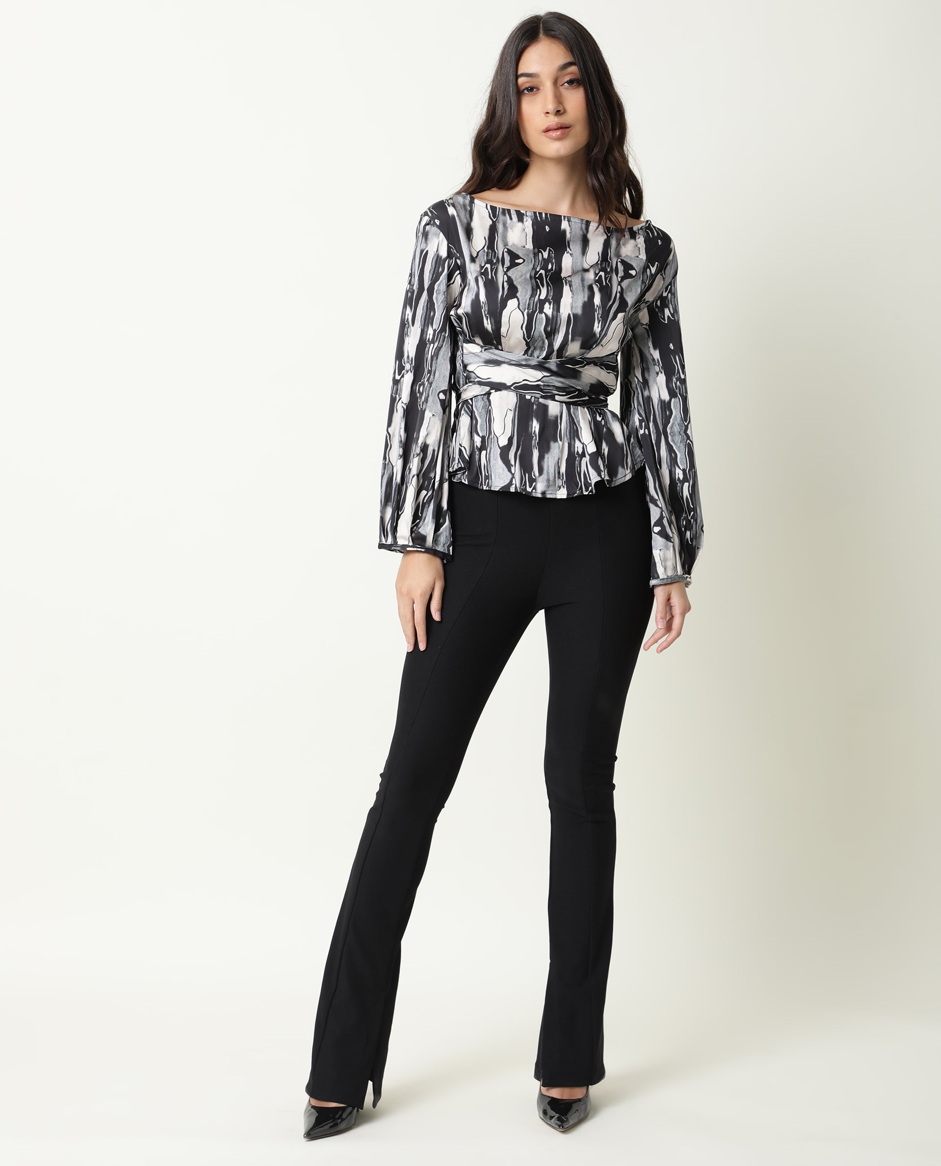 Rareism Womens Germa Black Top Modal Lycra Fabric Regular Fit Puff Sleeves Boat Neck