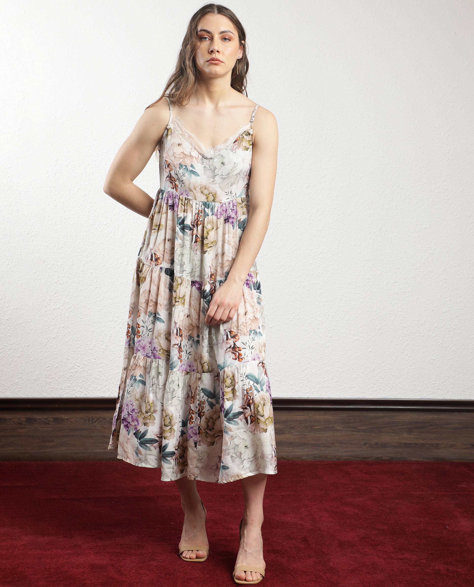 Rareism Women Joanna Multi Cotton Fabric Sleeveless V-Neck Shoulder Straps Regular Fit Floral Print Midi Tiered Dress