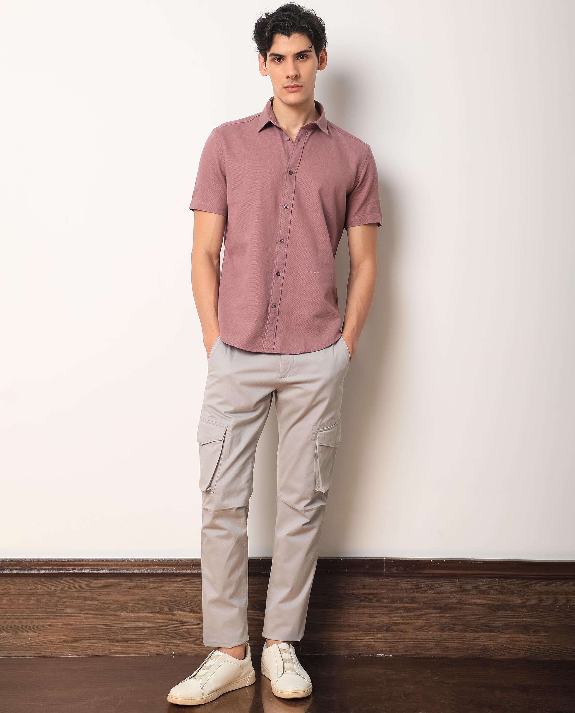 Rare Rabbit Men's Rissa Dusky Pink Cotton Fabric Half Sleeves Solid Dobby Shirt