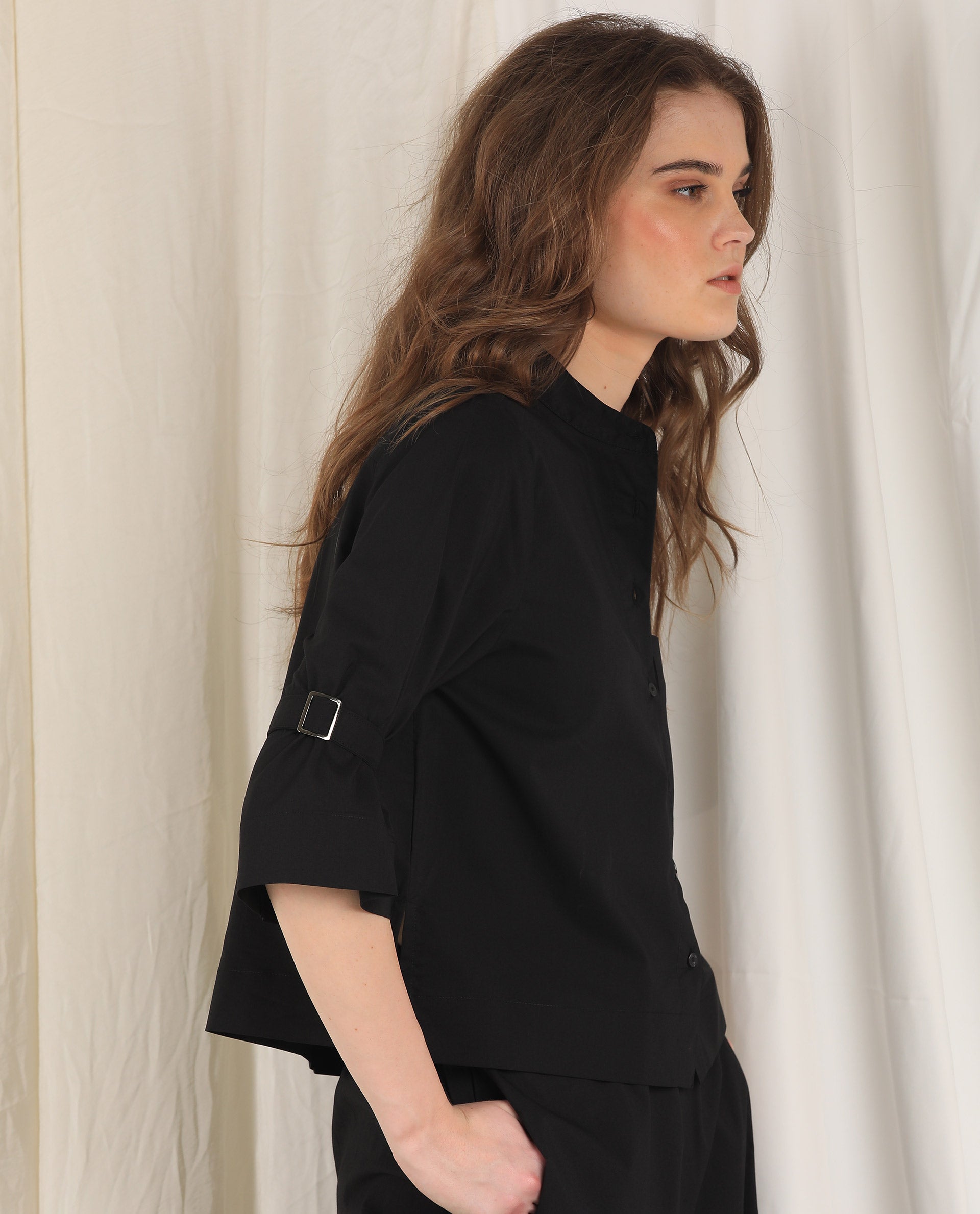 Rareism Womens Sendai Black Top Poly Lycra Fabric Regular Fit Half Sleeve Collared Neck