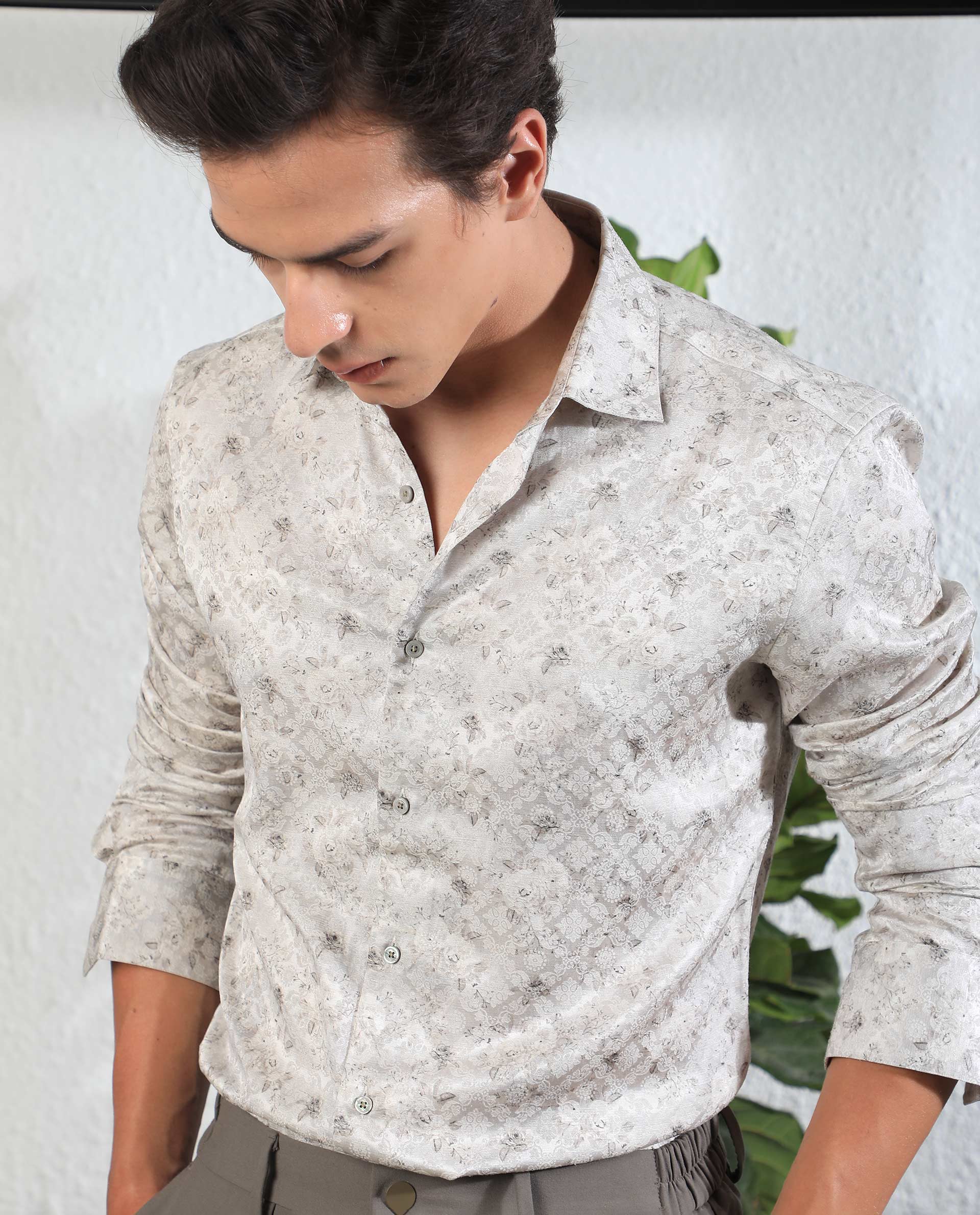 Rare Rabbit Men's Rosem Beige Floral Print Full Sleeves Shirt