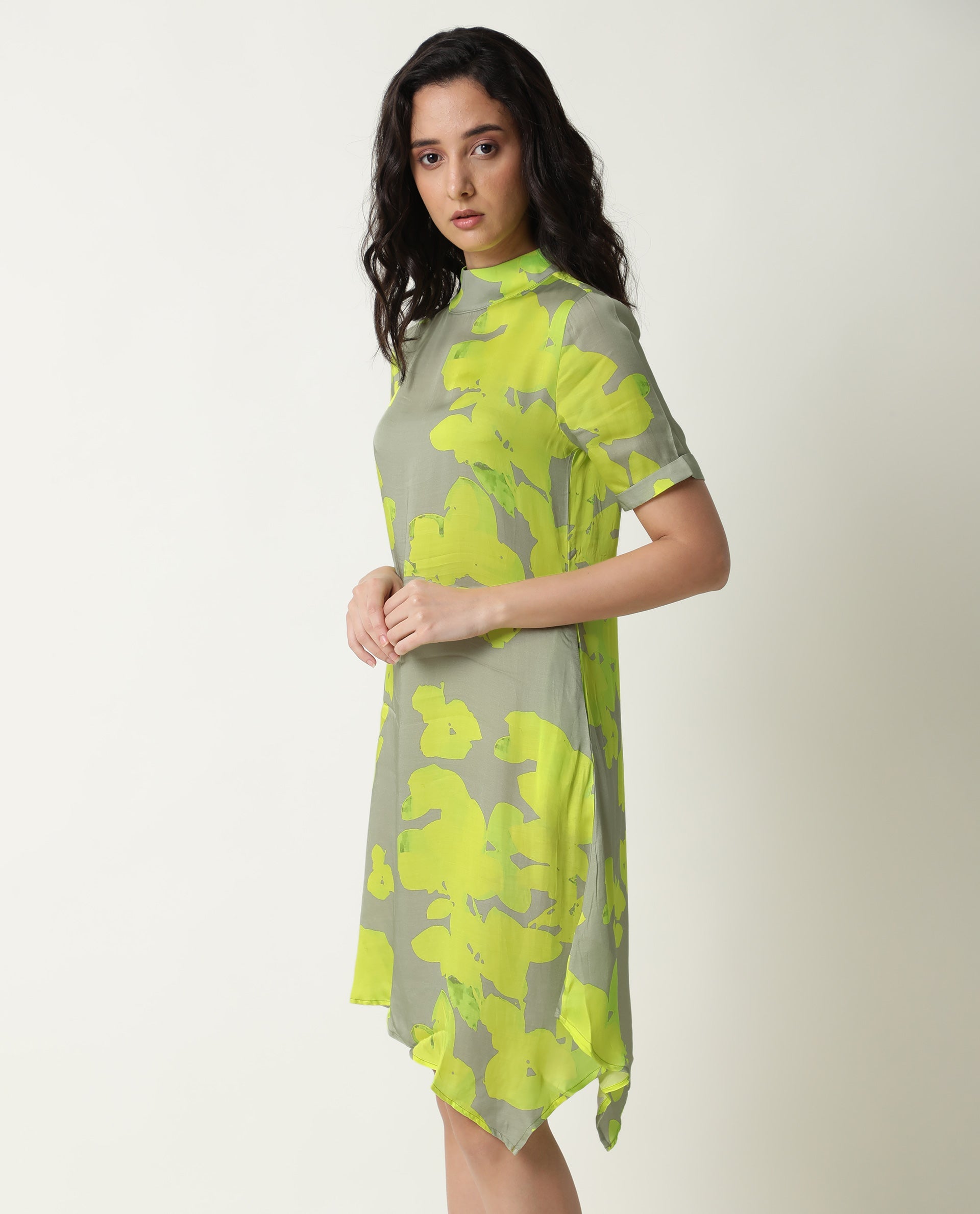 Rareism Women Sprite Yellow Floral Print Band Neck Short Sleeves With Pockets Asymmetric Hem Knee Length Dress