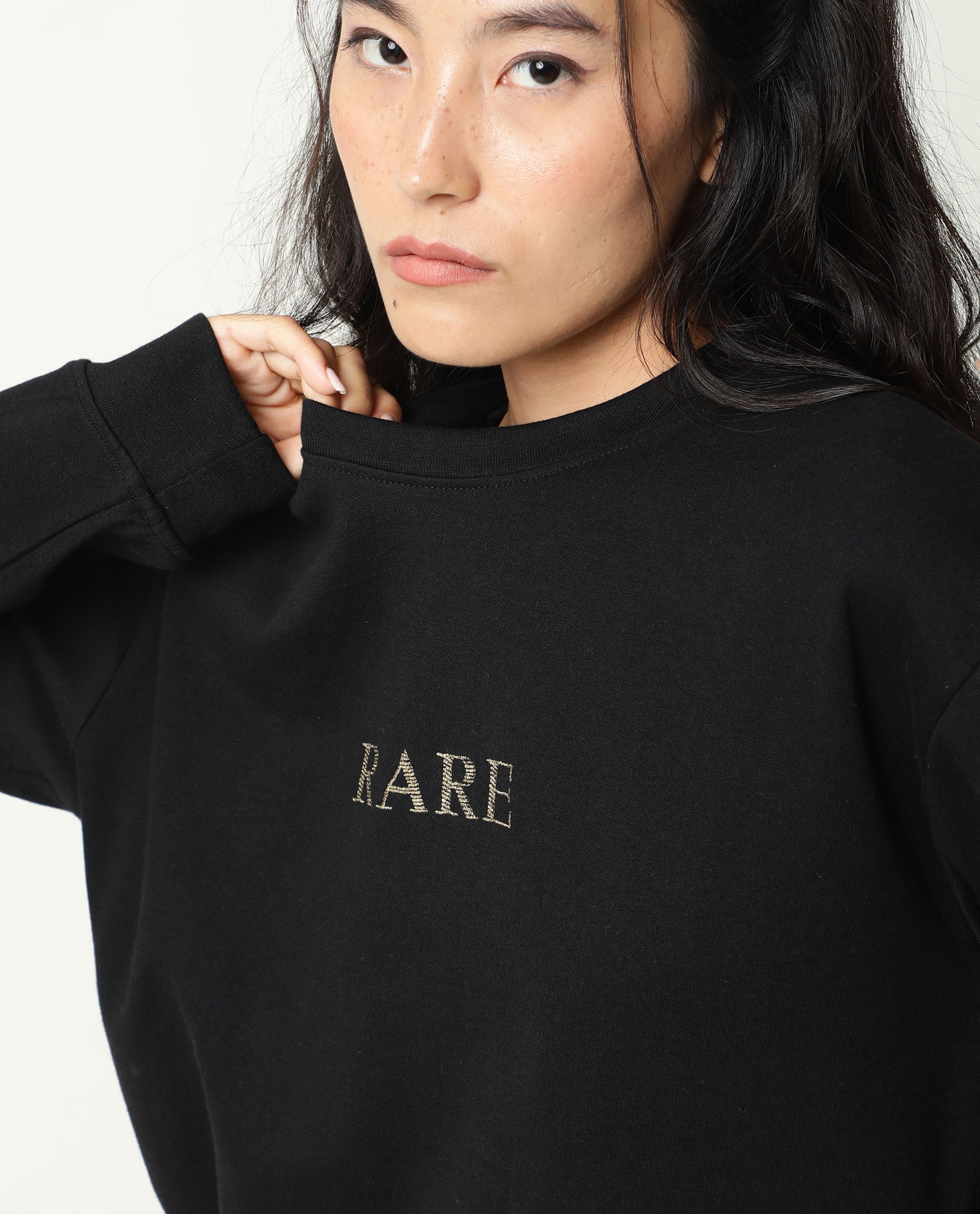 Rareism Womens Goldy Black Sweatshirt Crew Neck Full Sleeve Cotton Blend Fabric Relaxed Fit