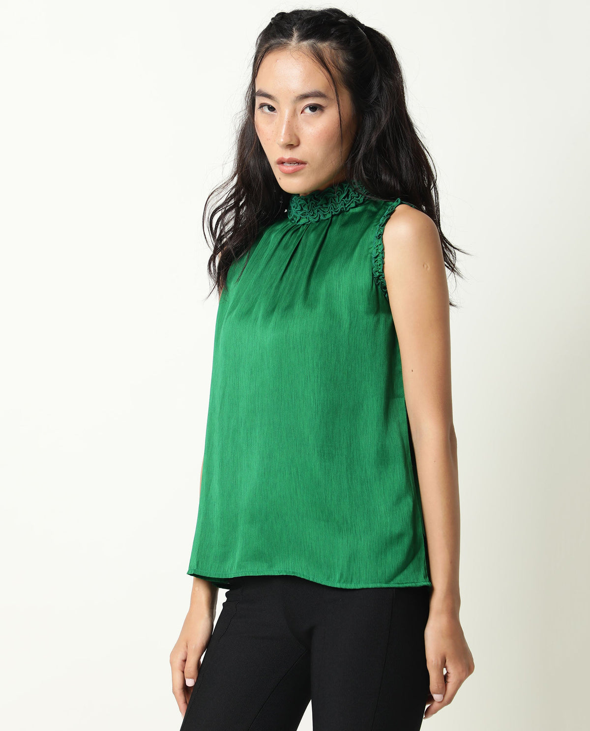 Rareism Womens Baileys Green Top Polyester Fabric  Sleeveless Ruffled Neck