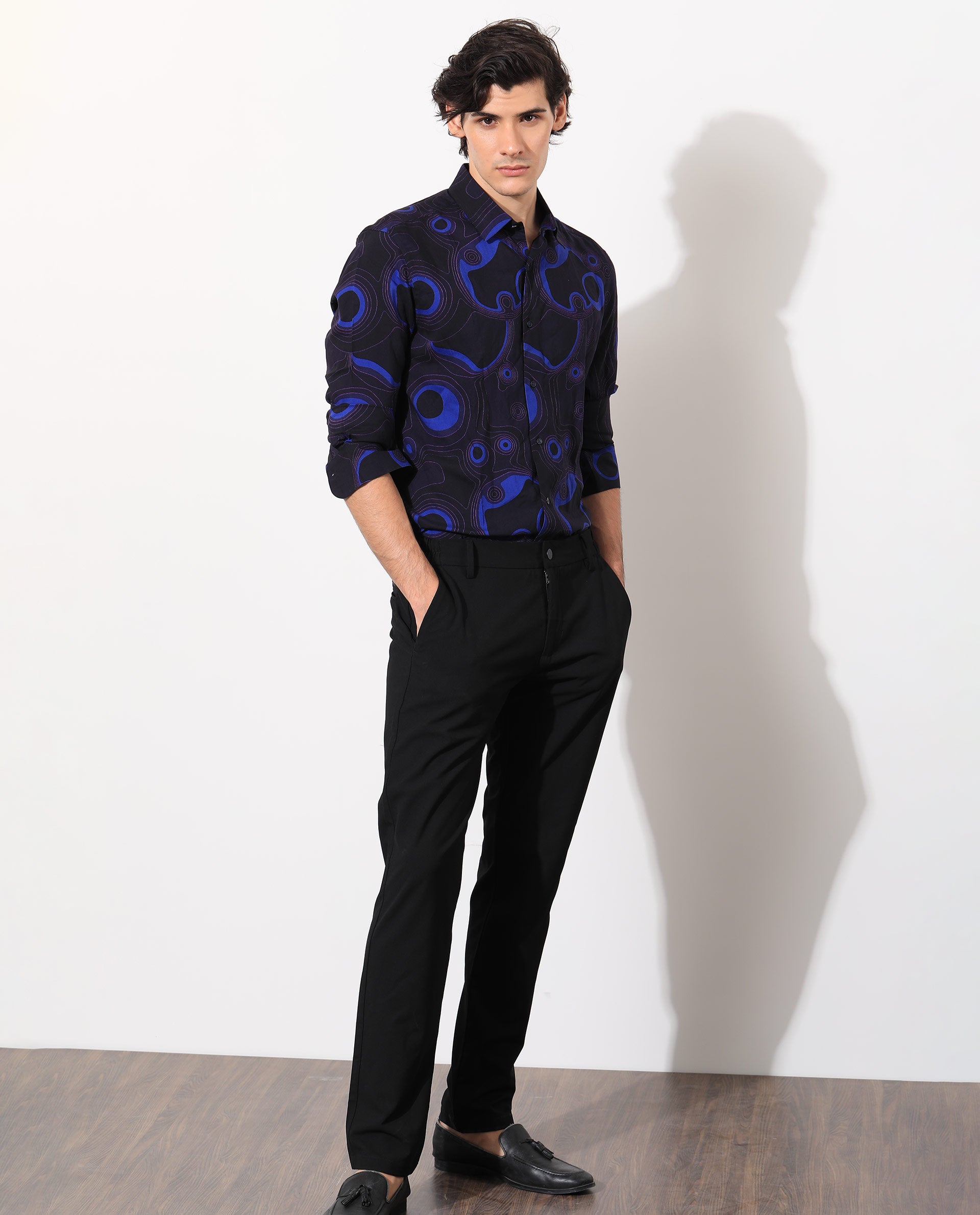 Rare Rabbit Men's Inlet Navy Viscose Fabric Abstract Print Full Sleeves Shirt