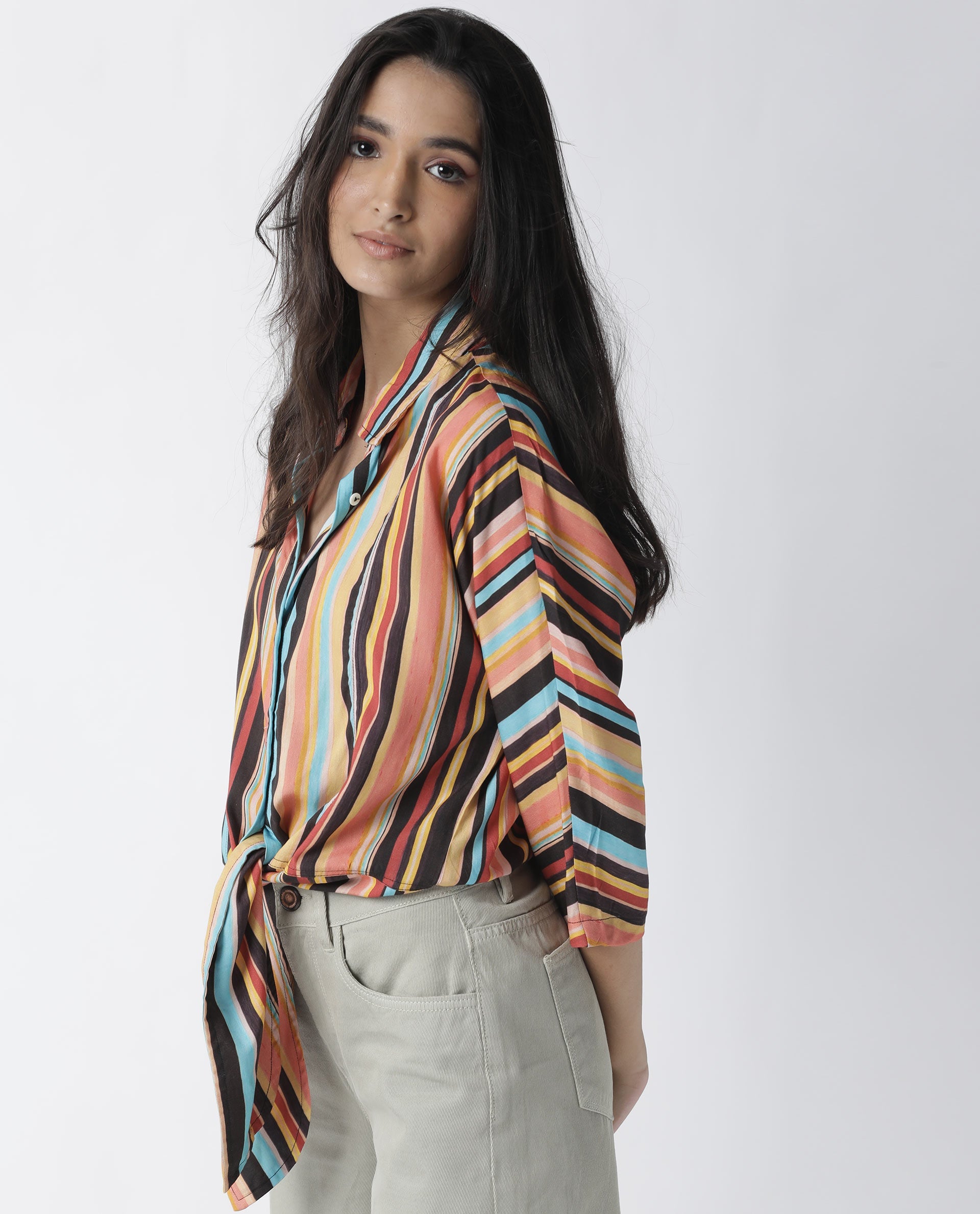 Rareism Womens Drumroll Multi Top Viscose Fabric Regular Fit 3/4 Sleeve Collared Neck