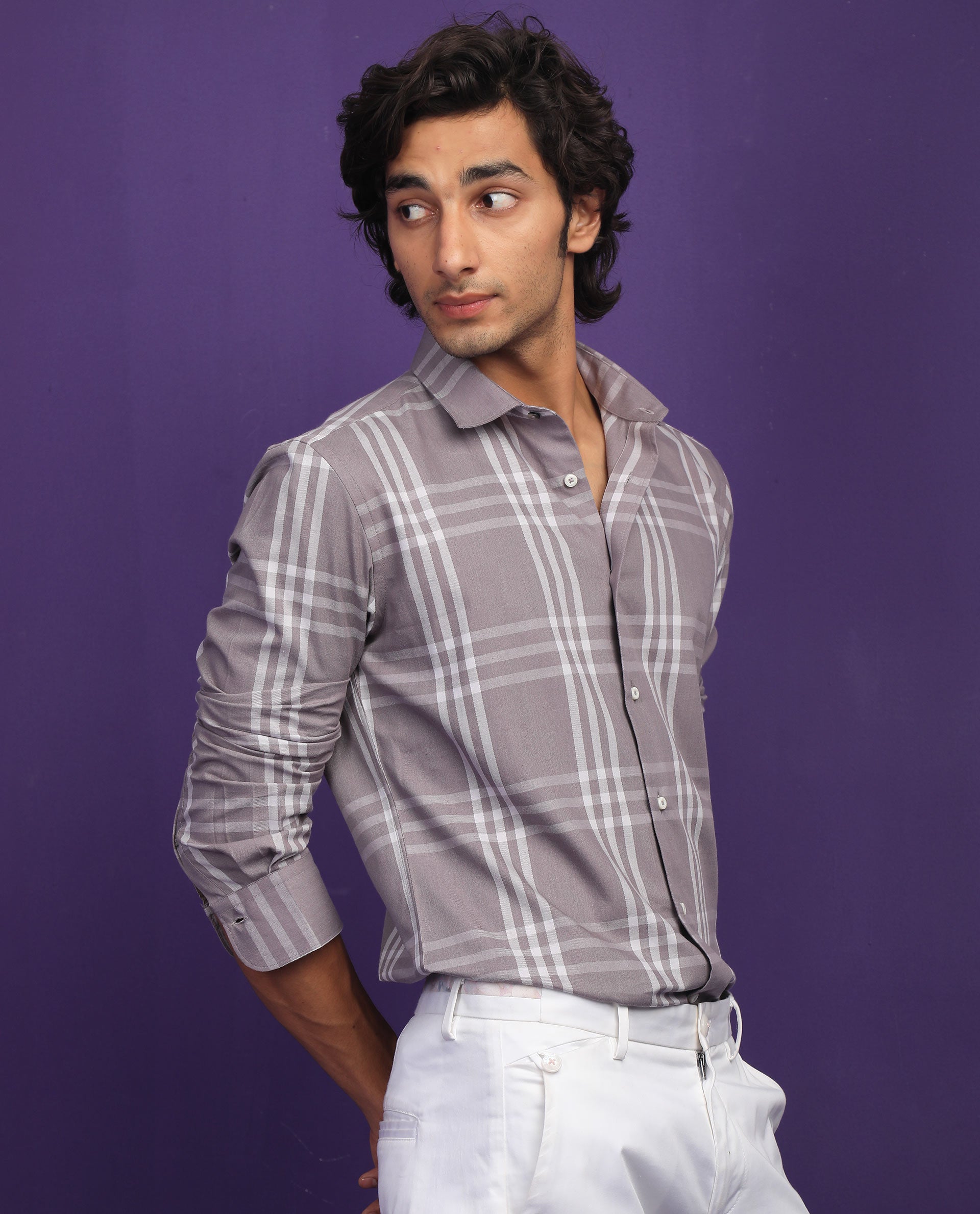 Rare Rabbit Men's Carnet Dusky Purple Cotton Polyester Fabric Full Sleeves Checks Shirt