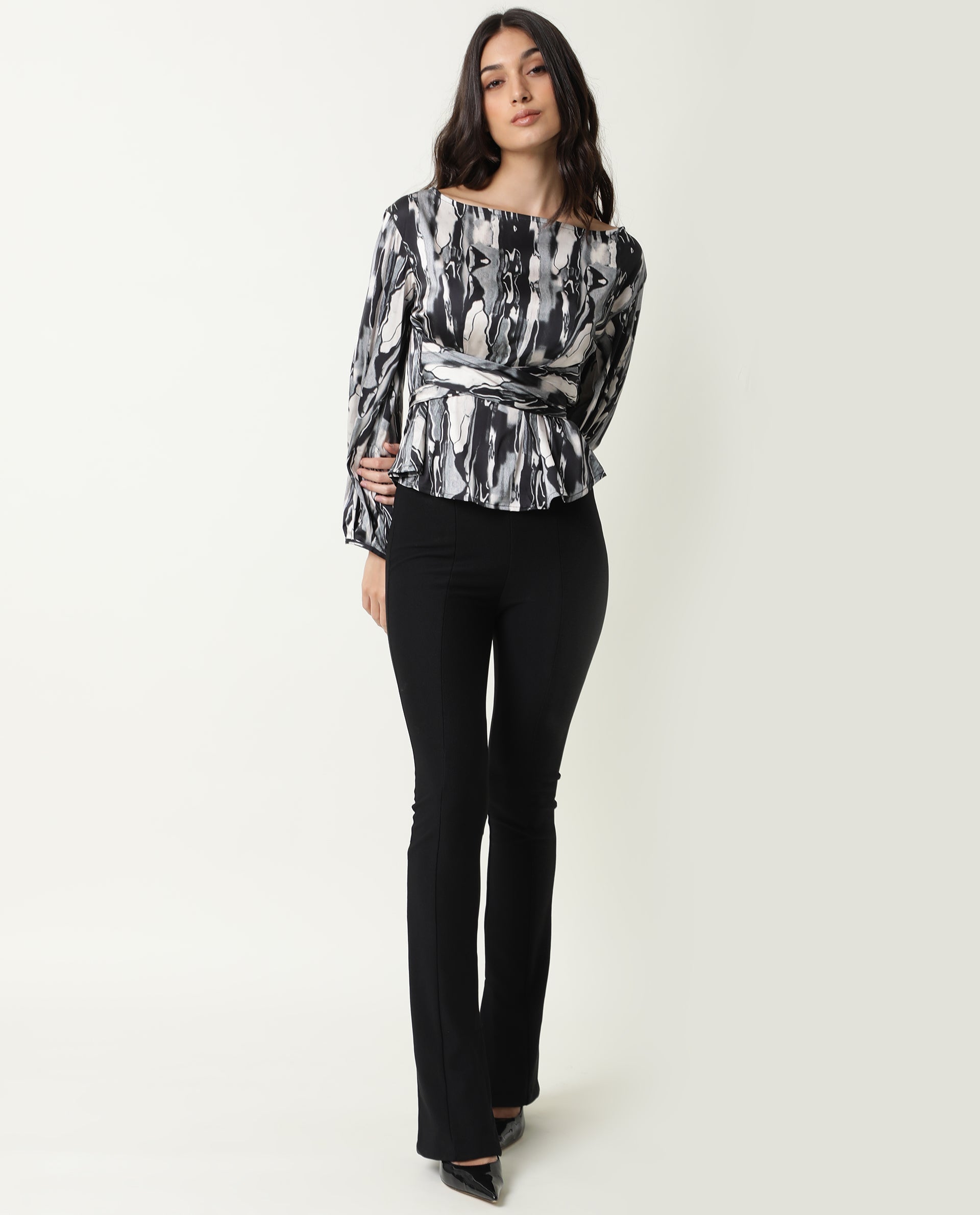 Rareism Womens Germa Black Top Modal Lycra Fabric Regular Fit Puff Sleeves Boat Neck