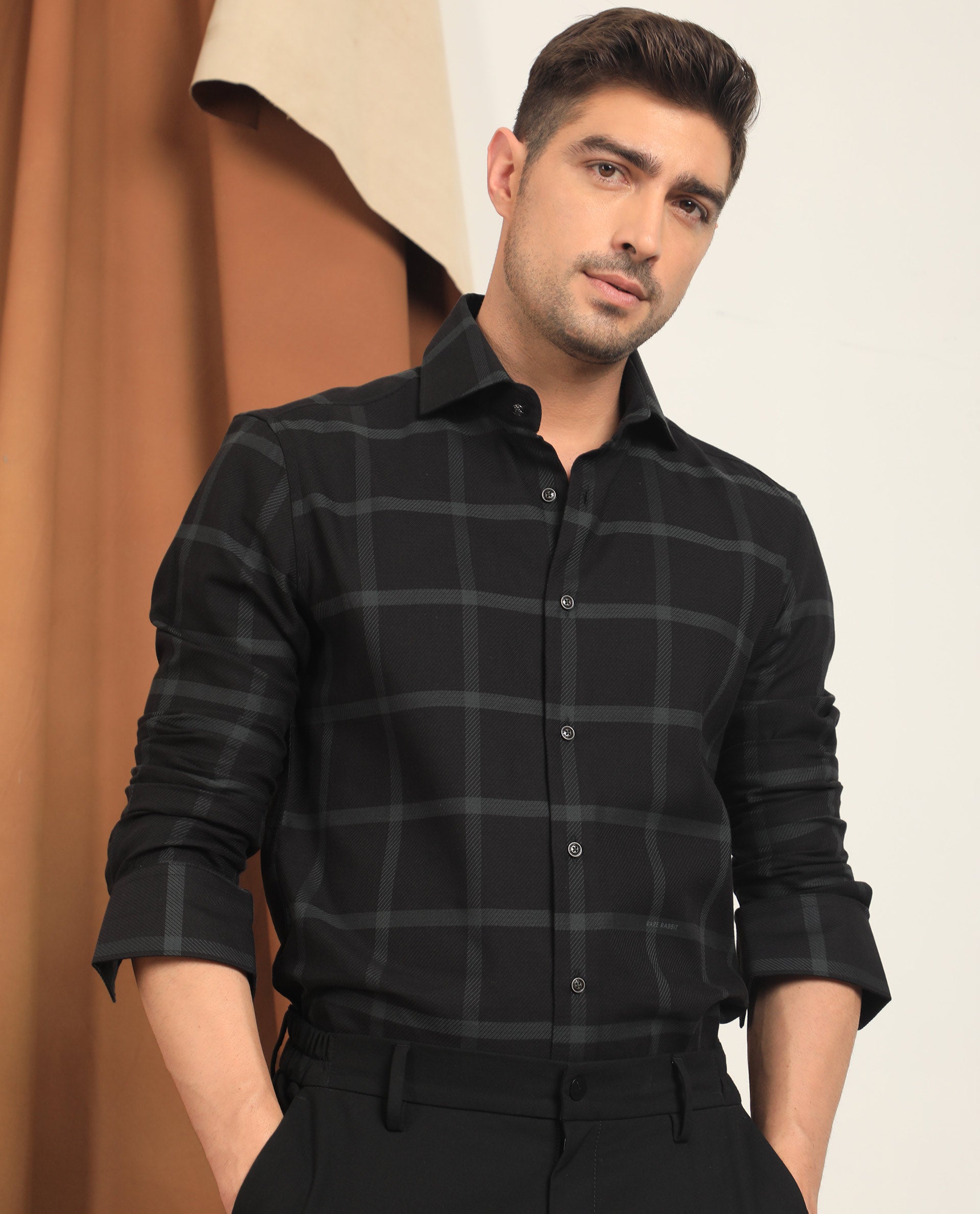 Rare Rabbit Men's Nielson Black Cotton Fabric Full Sleeves Checks Shirt