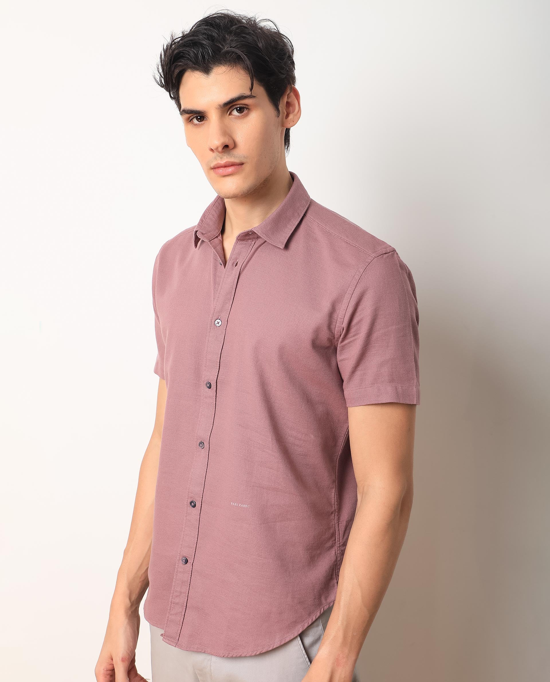 Rare Rabbit Men's Rissa Dusky Pink Cotton Fabric Half Sleeves Solid Dobby Shirt