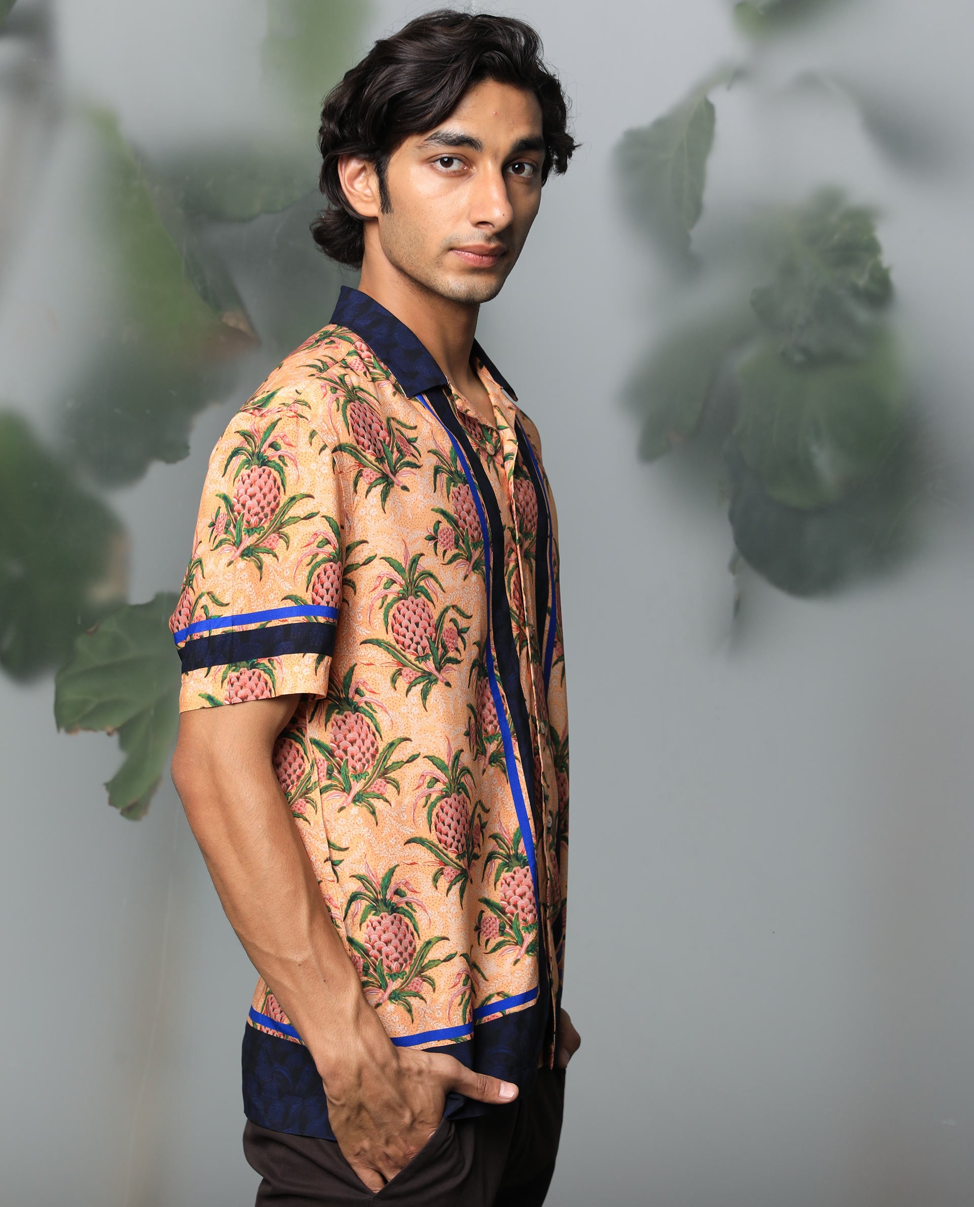 Rare Rabbit Men's Banes Beige Cotton Fabric Cuban Collar Floral Print Half Sleeves Shirt