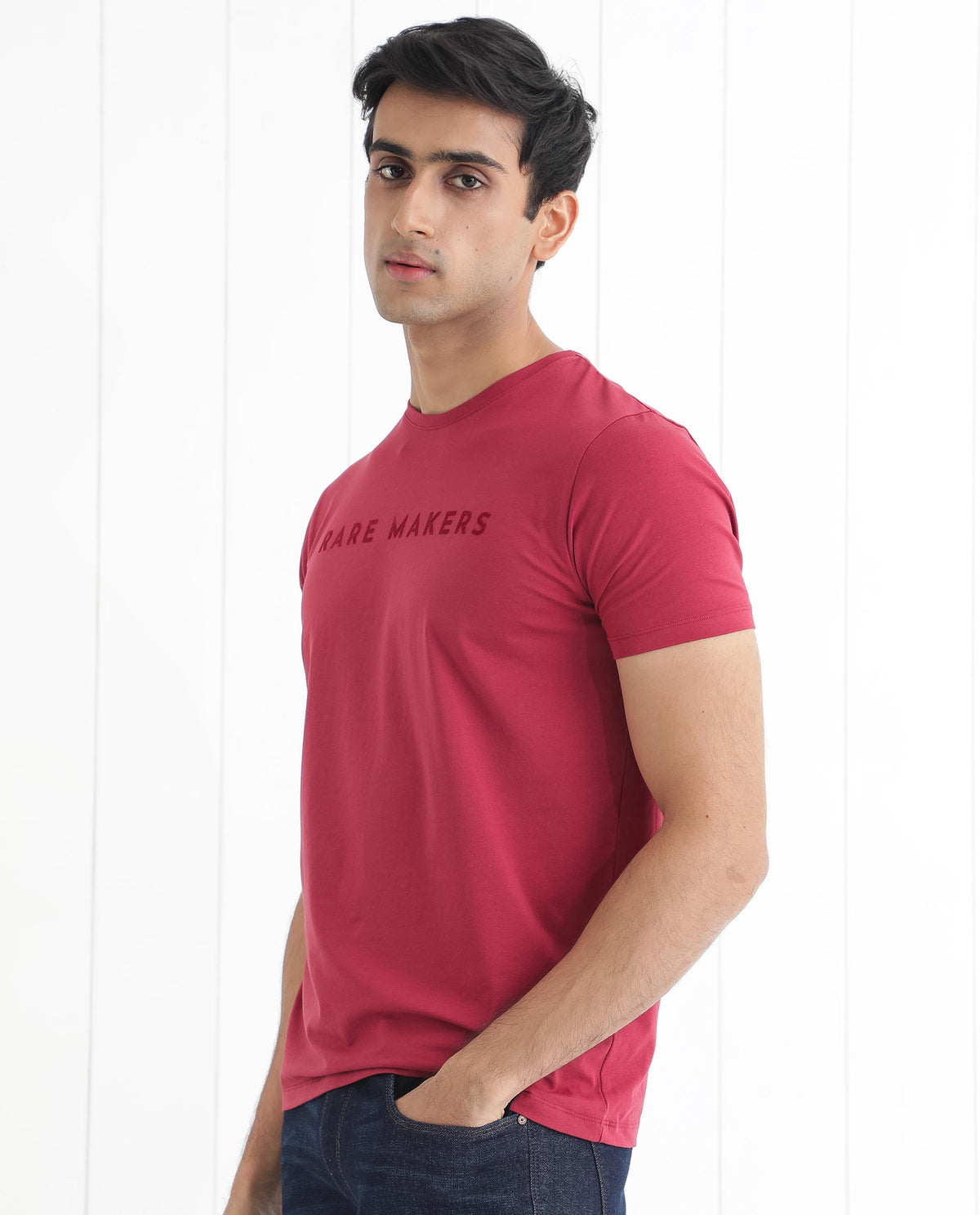 Rare Rabbit Men's Burke Dark Red Crew Neck Half Sleeves Velvet Branding Regular Fit T-Shirt