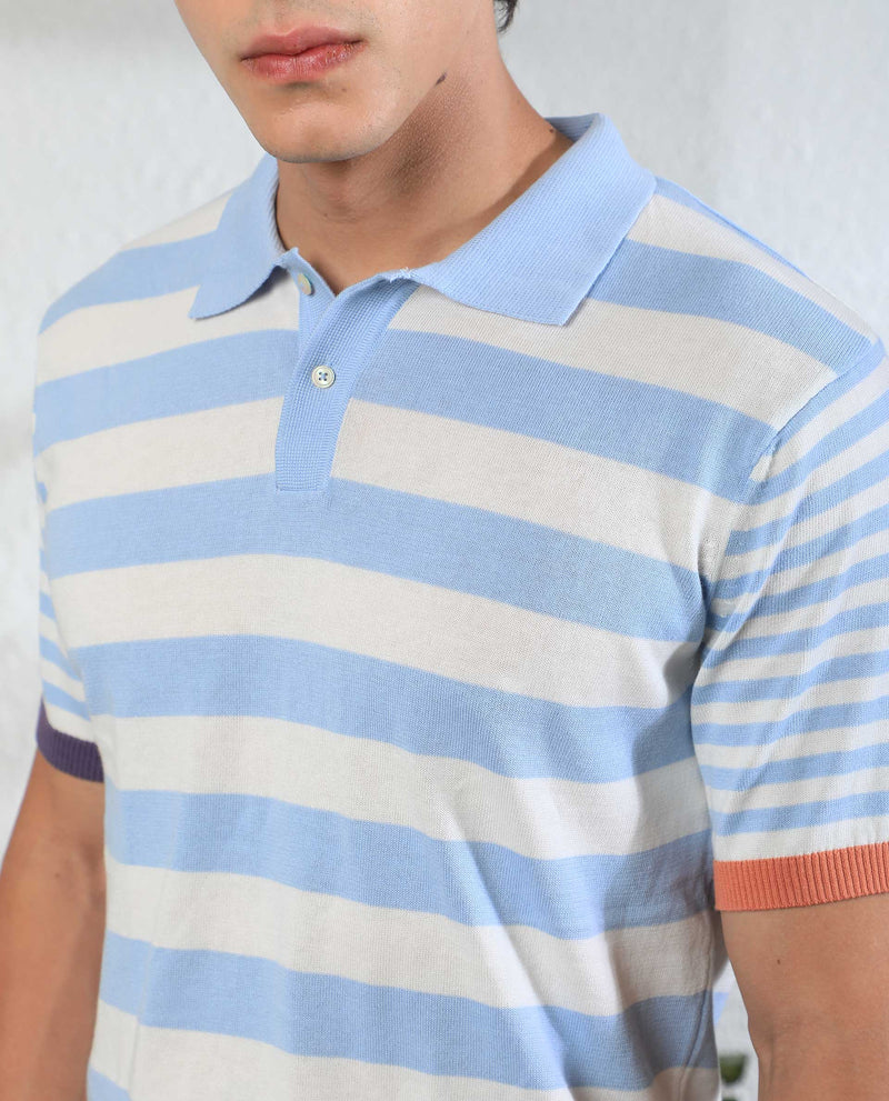 Rare Rabbit Men's Paulos Blue Cotton Fabric Collared Neck Striped Half Sleeve Polo T-Shirt
