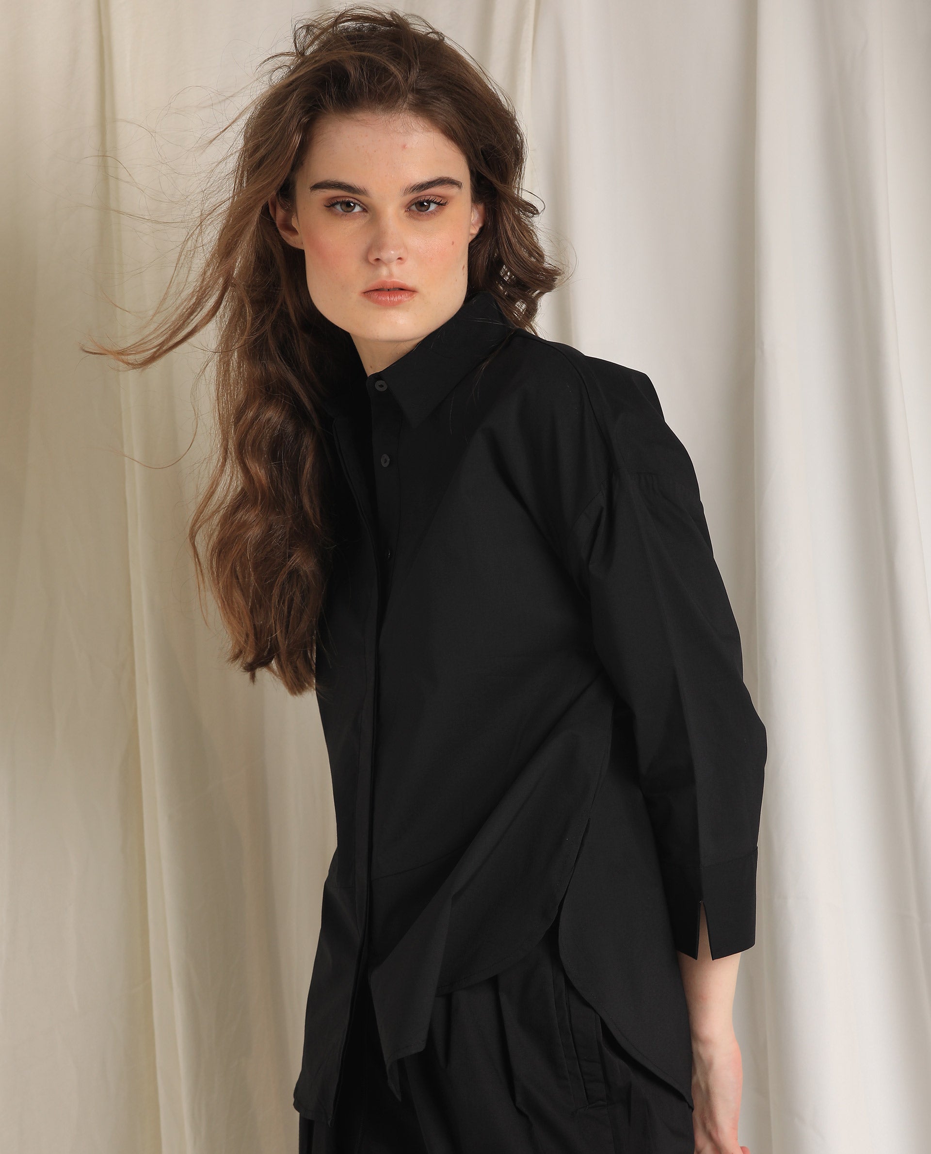 Rareism Womens Eleven Black Top Polyester Fabric Regular Fit 3/4 Sleeve Collared Neck