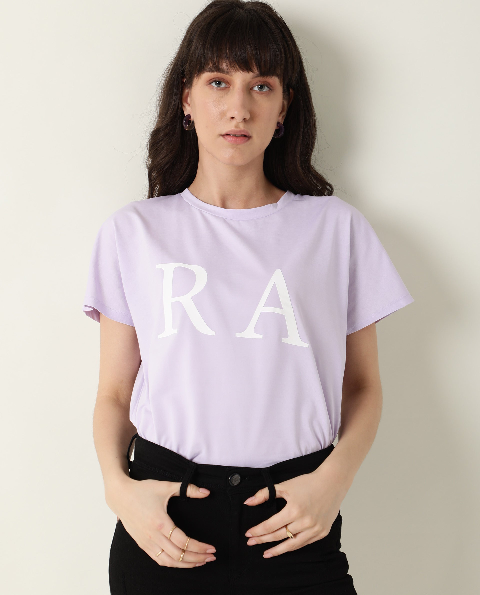 Rareism Women Zeg Light Purple Cotton Fabric Regular Fit Half Sleeves Graphic Print Crew Neck T-Shirt