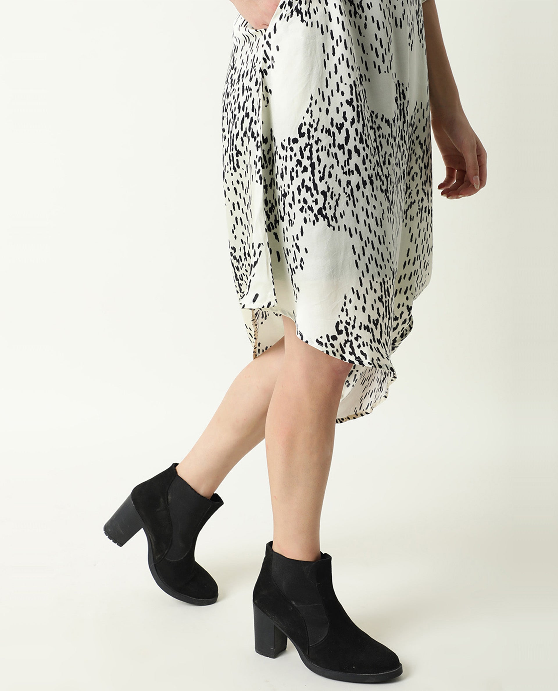 Rareism Women Zoella Off White Abstract High Neck 3/4 Sleeves With Pocket Asymmetrical Knee Length Dress