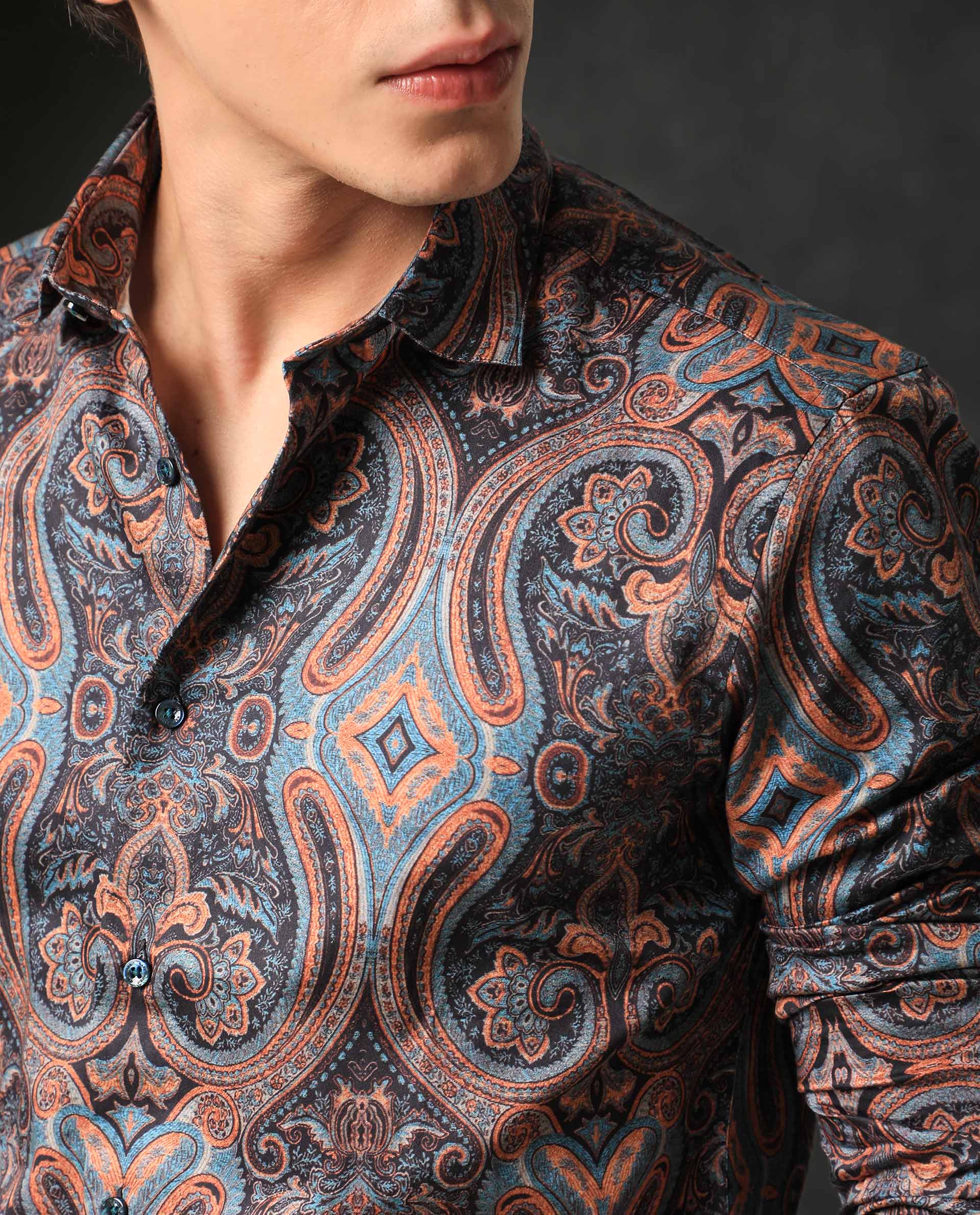 Rare Rabbit Men's Mergers Navy Cotton Fabric Full Sleeves Paisley Print Shirt
