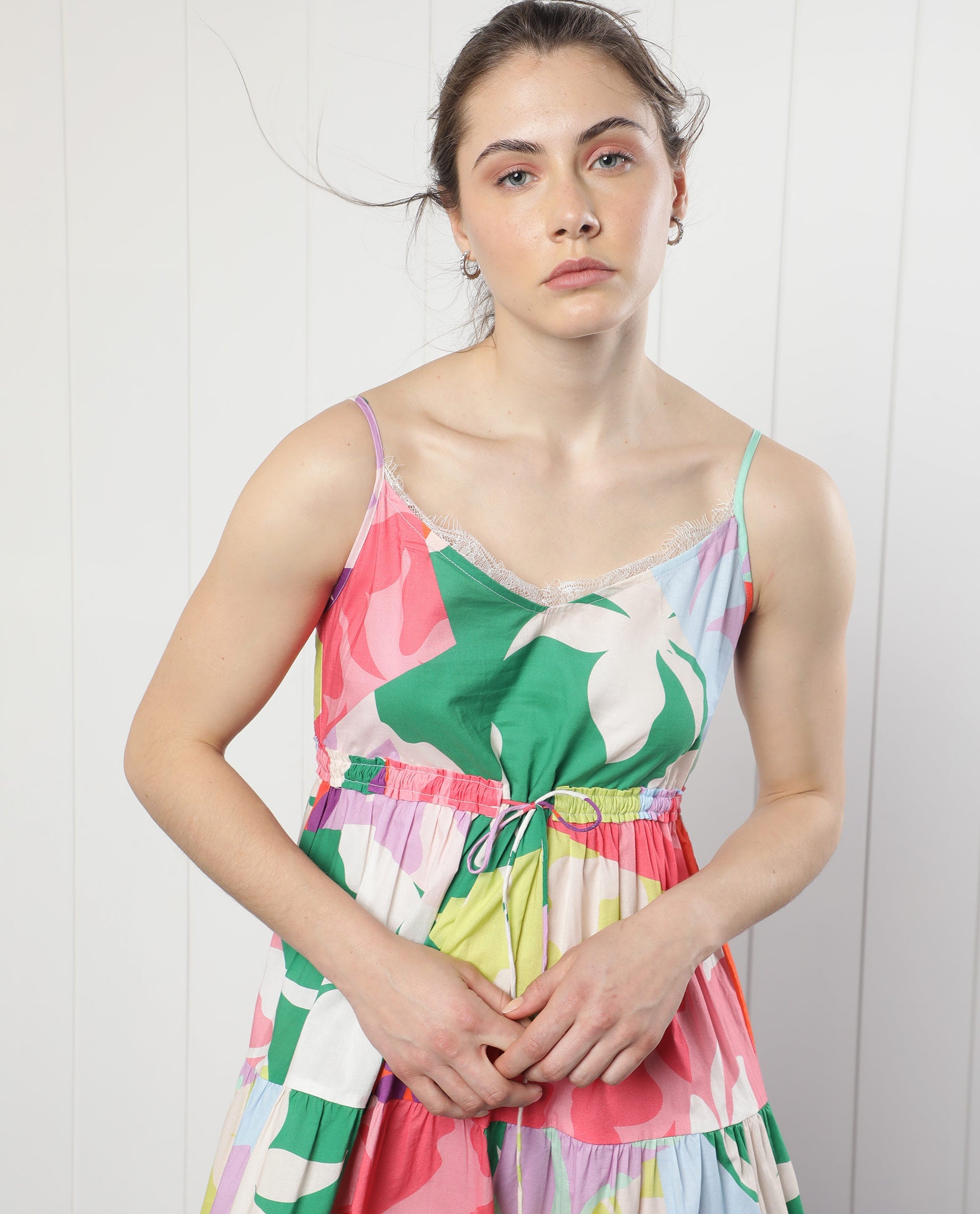 Rareism Women Grace Multi Cotton Fabric Sleeveless V-Neck Shoulder Straps Regular Fit Floral Print Knee Length Tiered Dress