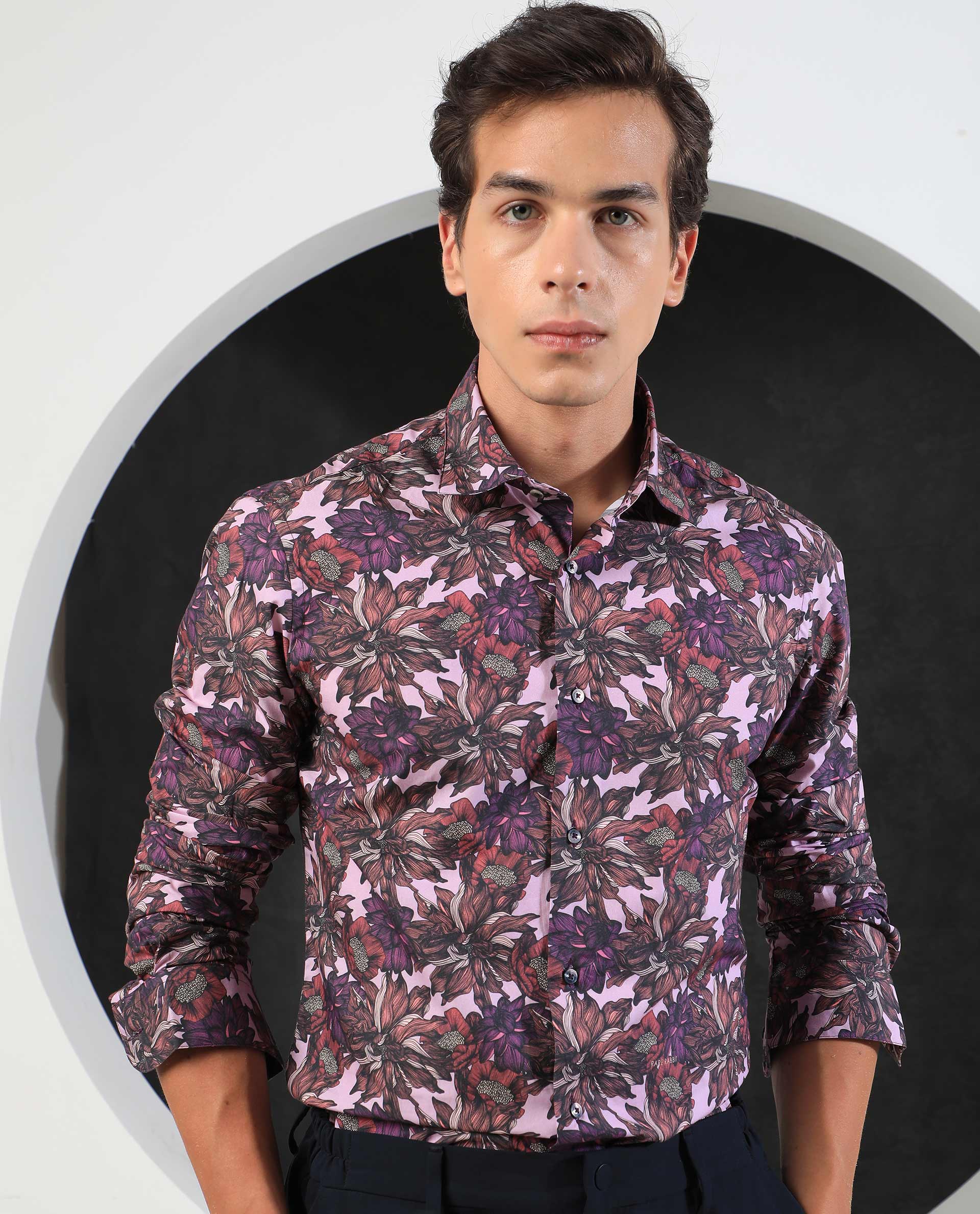 Rare Rabbit Men's Ezees Purple Cotton Fabric Floral Print Full Sleeves Shirt