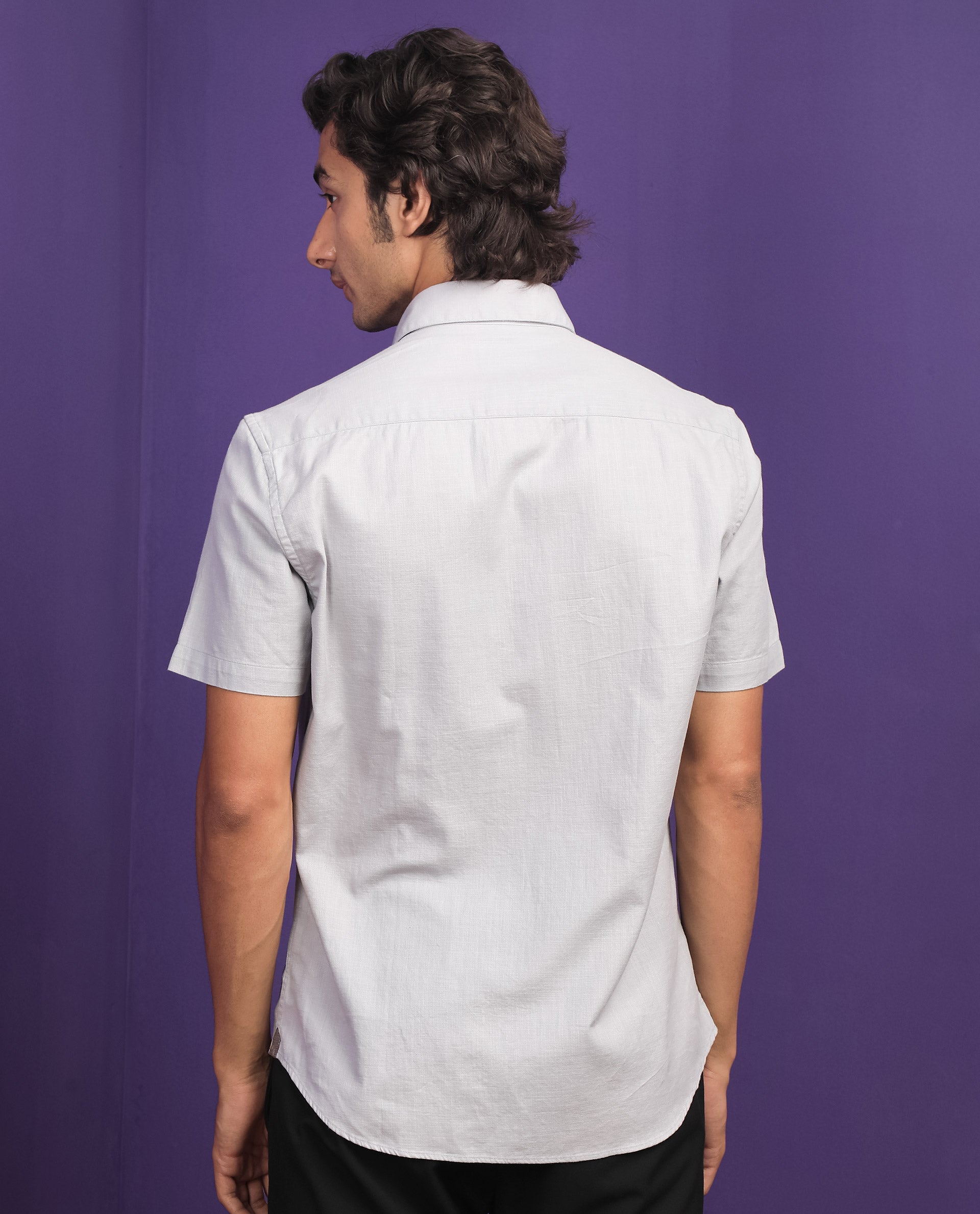 Rare Rabbit Men's Darwin Grey Cotton Fabric Half Sleeves Solid Shirt