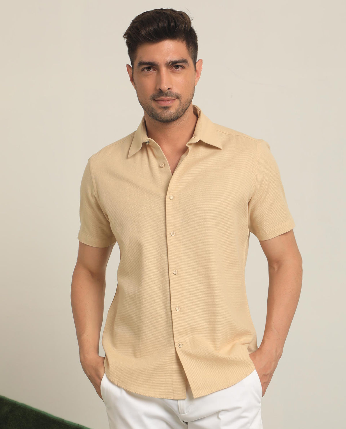 RARE RABBIT MEN'S MATTO LIGHT YELLOW SHIRT SHORT SLEEVES COLLARED NECK