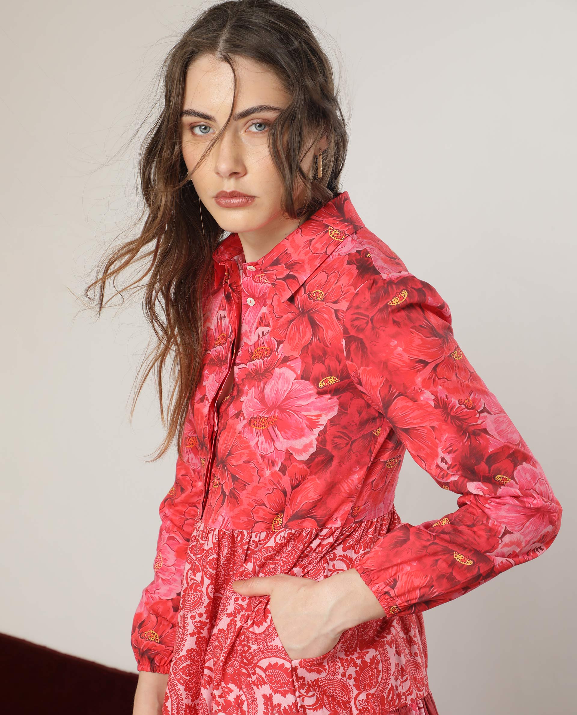 Rareism Women Ixora Maroon Cotton Fabric Full Sleeves Button Closure Shirt Collar Regular Fit Floral Print Knee Length Tiered Dress