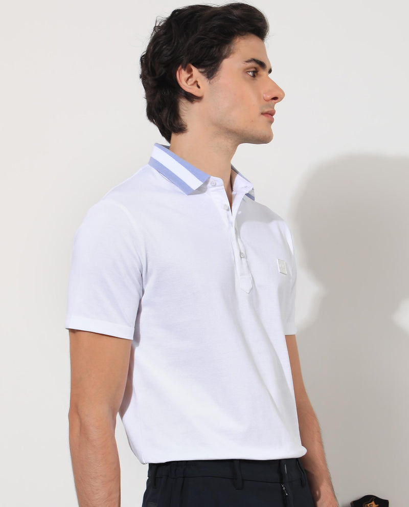 Rare Rabbit Men's Divide White Cotton Fabric Striped Collar Half Sleeves Polo T-Shirt