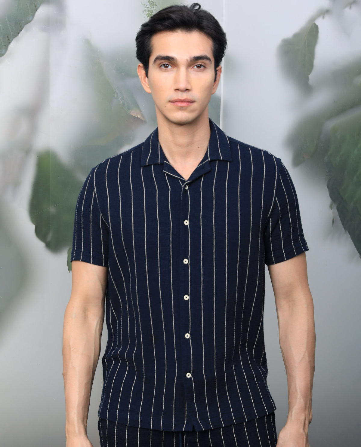 Rare Rabbit Men's Nano Navy Cotton Fabric Cuban Collar Half Sleeves Loosely Knit Stripe Shirt