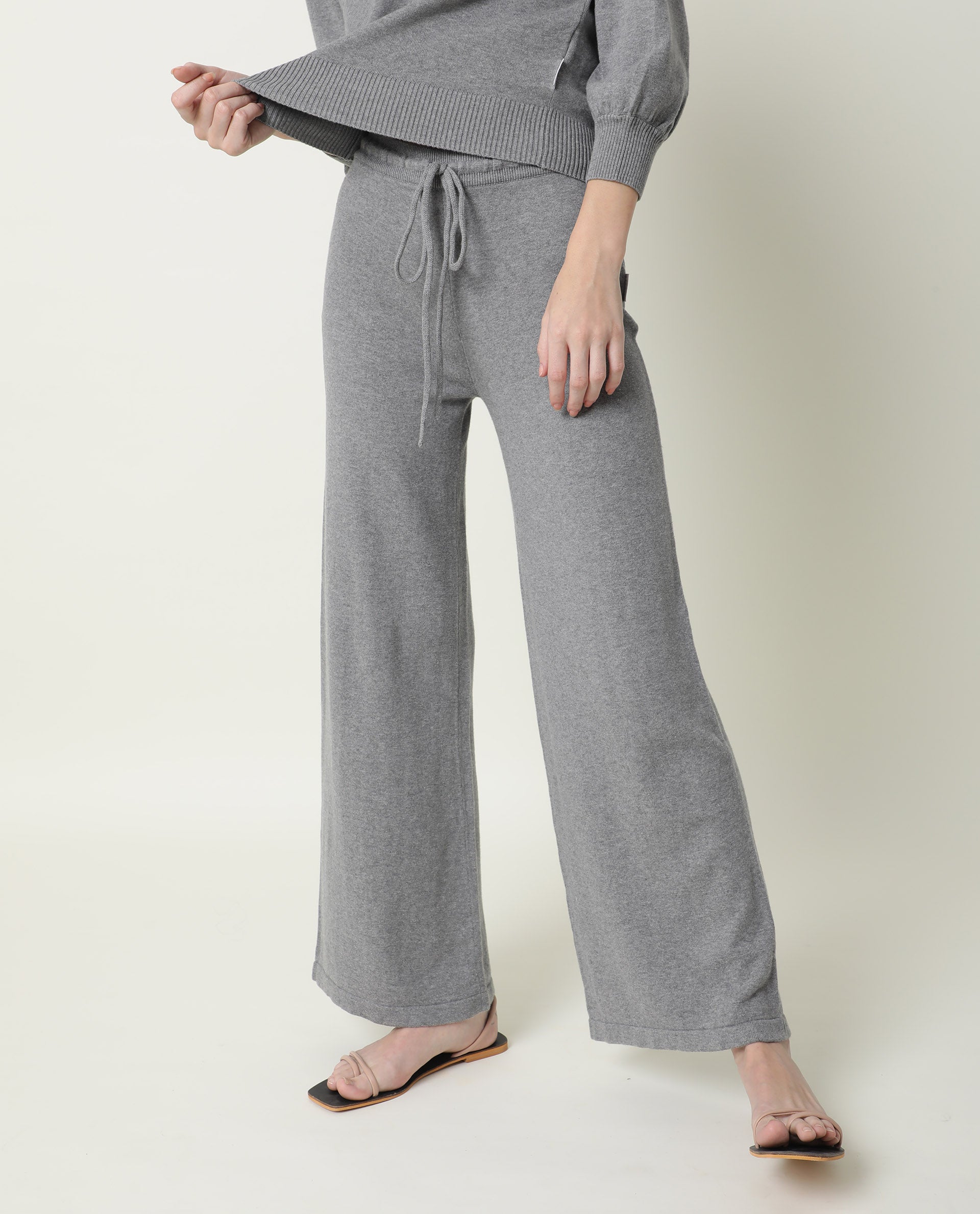 Rareism Women Finn Track Melange Grey Cotton Fabric Flared Solid Mid Rise Ankle Length Track Pant