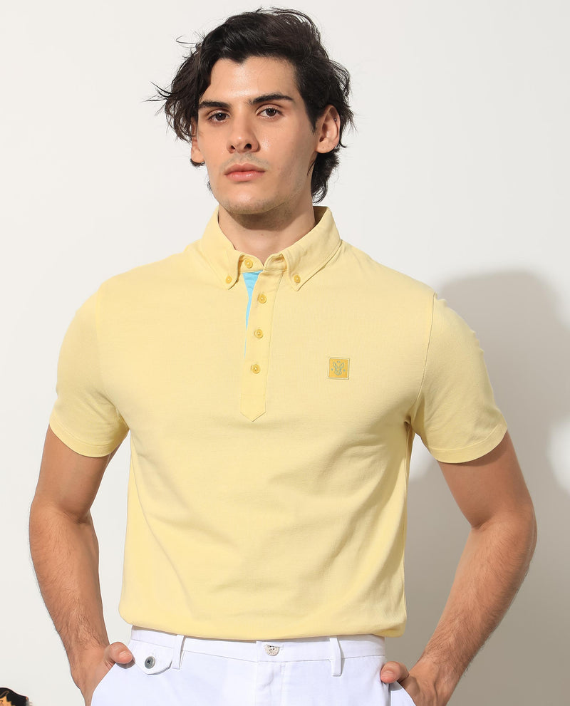 Rare Rabbit Men's Herval Light Yellow Cotton Fabric Short Sleeves Collared Neck Slim Fit Polo T-Shirt