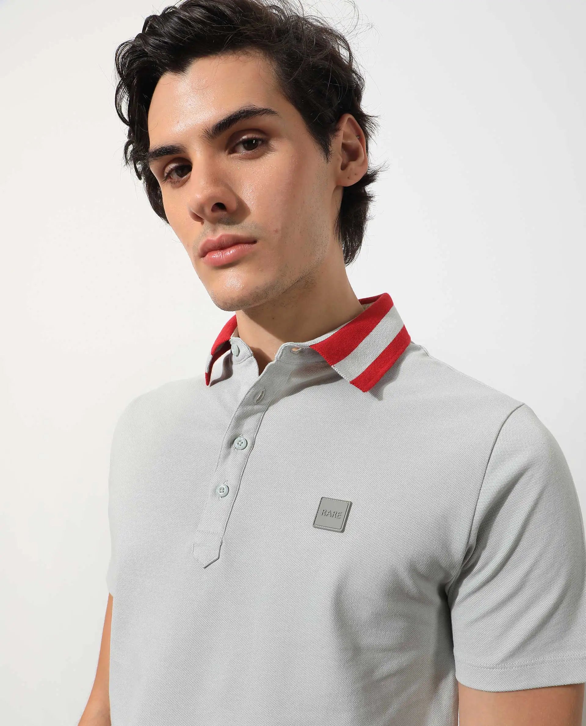 Rare Rabbit Men's Divide Light Grey Cotton Plain Regular Fit Half Sleeve Polo
