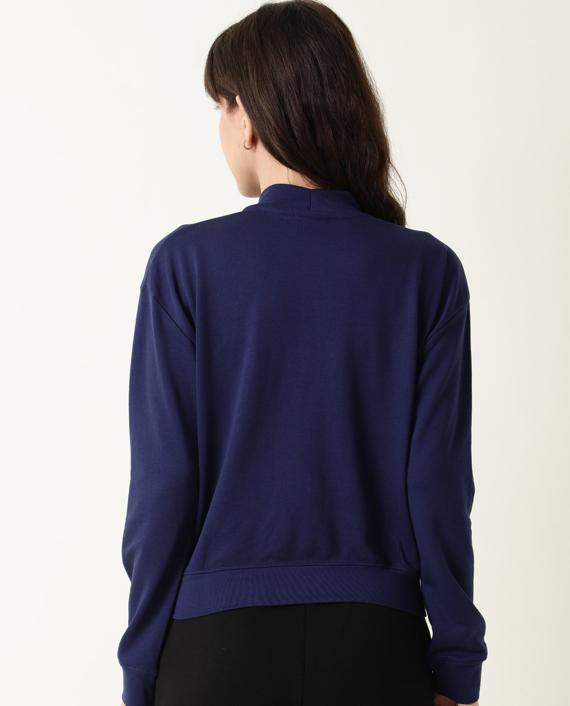 Rareism Women Necker Blue  Relaxed Fit Full Sleeves Solid High Neck Sweatshirt