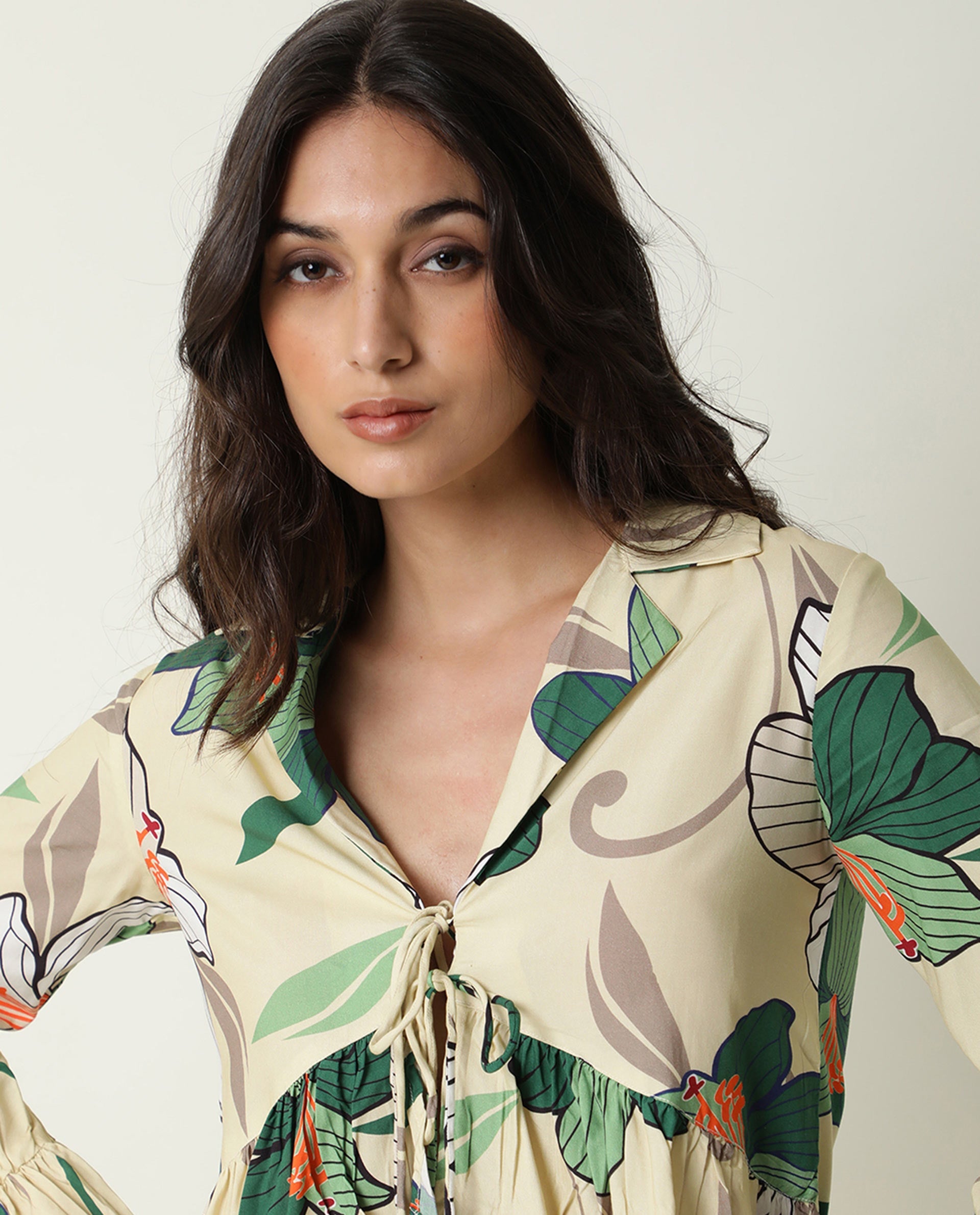 Rareism Women Tena Off White Viscose Fabric Full Sleeves Floral Print Lapel Neck Knee Length Shrug