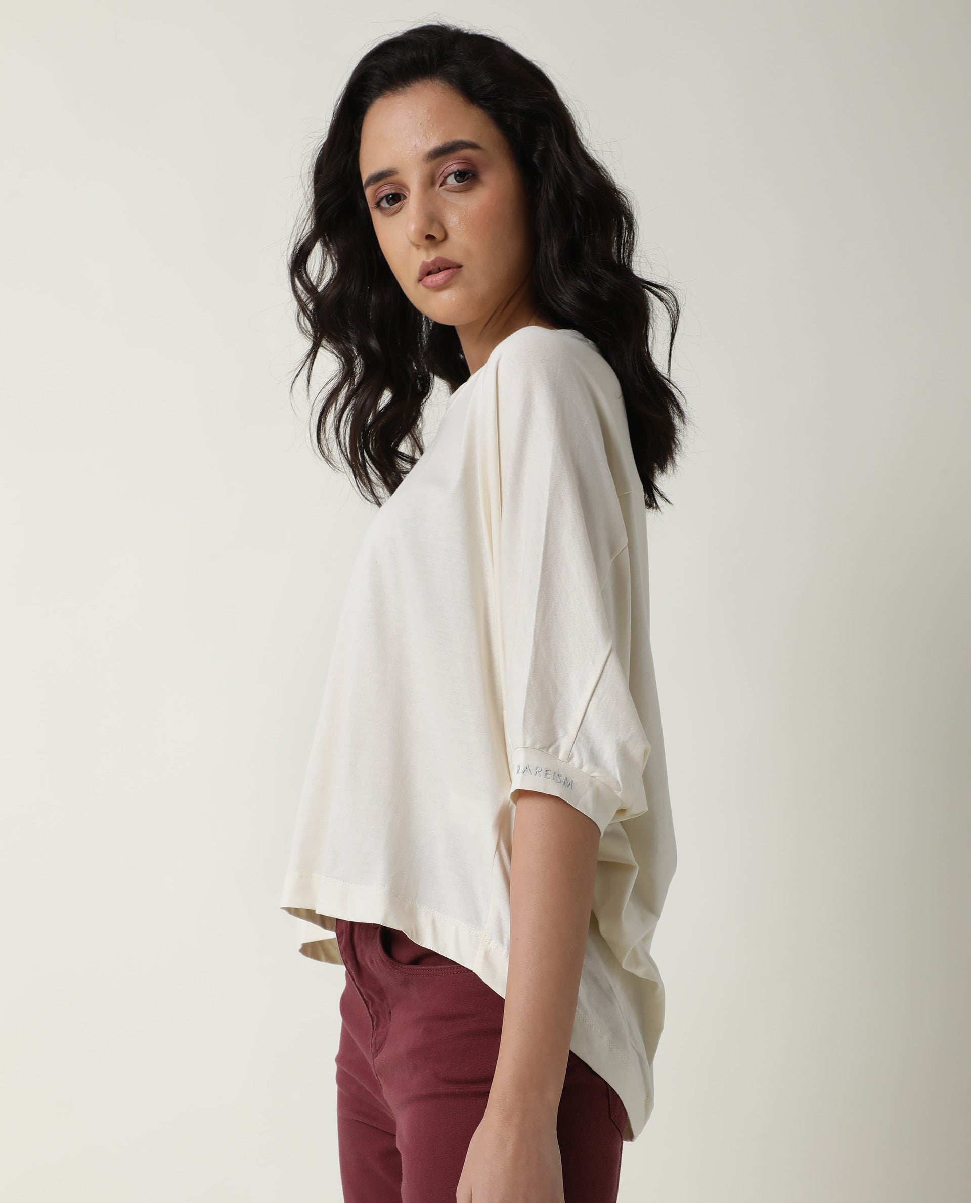 Rareism Women Osmo Off White Cotton Fabric Relaxed Fit Round Neck 3/4Th Sleeves Solid Top