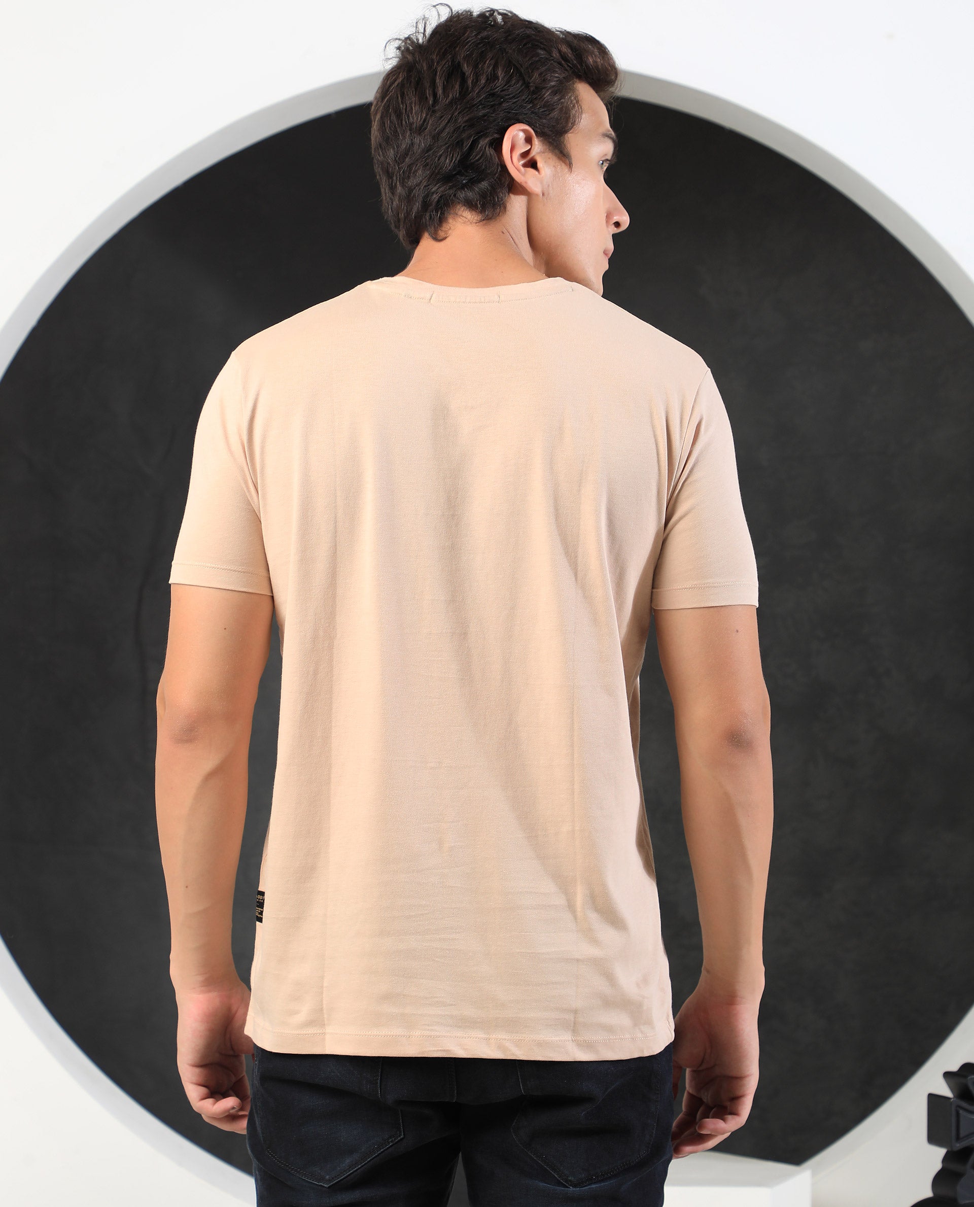 Rare Rabbit Men's Glams Beige Crew Neck Abstract Graphic Logo Printed T-Shirt