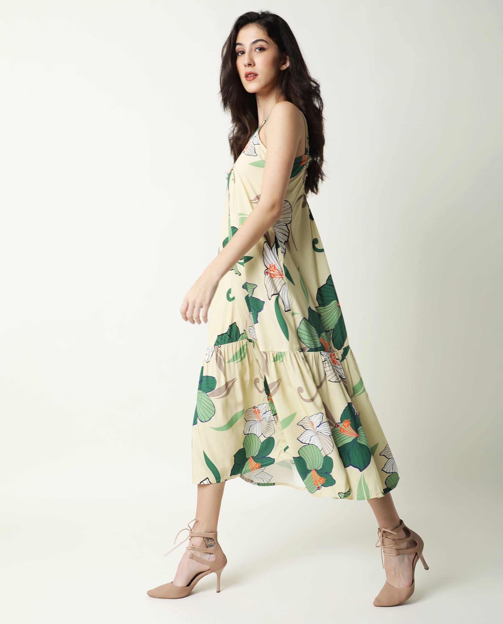 Rareism Women Etana Off White Deep U Neck With Double Spaghetti Straps And Pockets Midi Dress