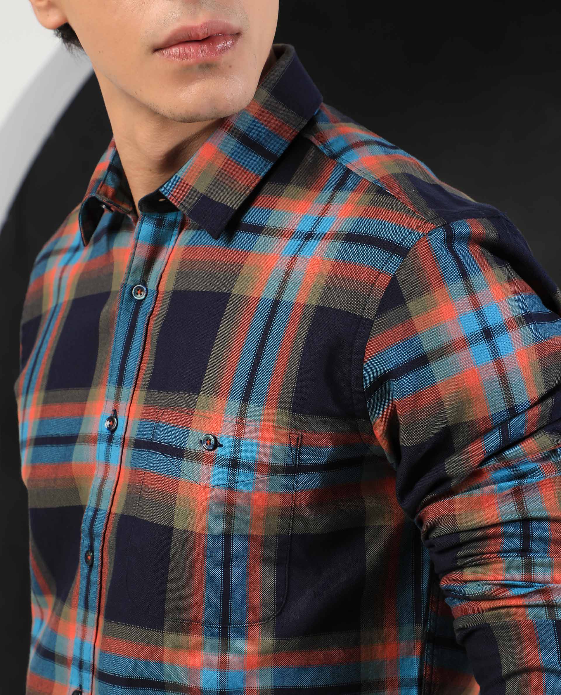 Rare Rabbit Men's Daneils Navy Cotton Fabric Full Sleeves Checks Shirt