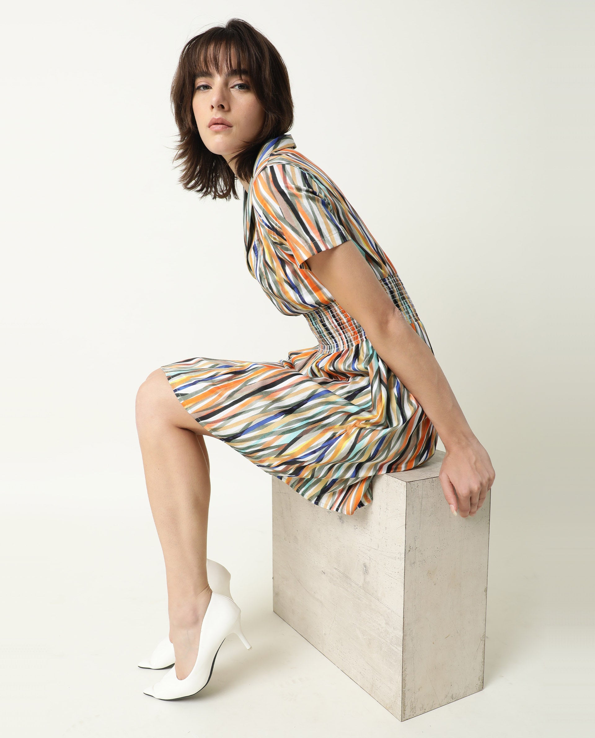 Rareism Women Shallom Multi Abstract V Neck Overlap Collar Short Sleeves Elastic Waist Band Mini Dress