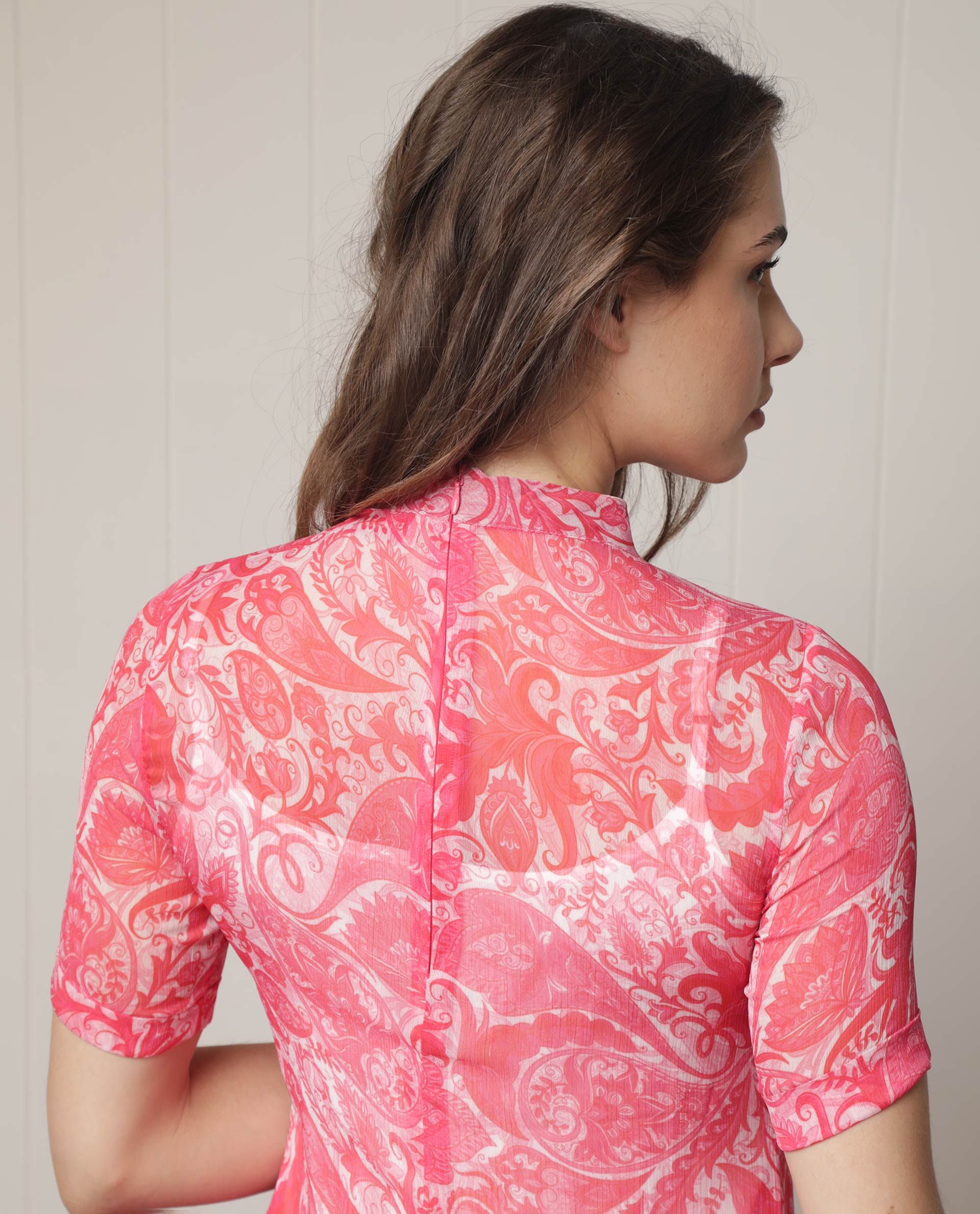 Rareism Women's Beryl Pink Polyester Fabric High Neck Zipper Closure Half Sleeve Paisley Print  Knee Length Dress