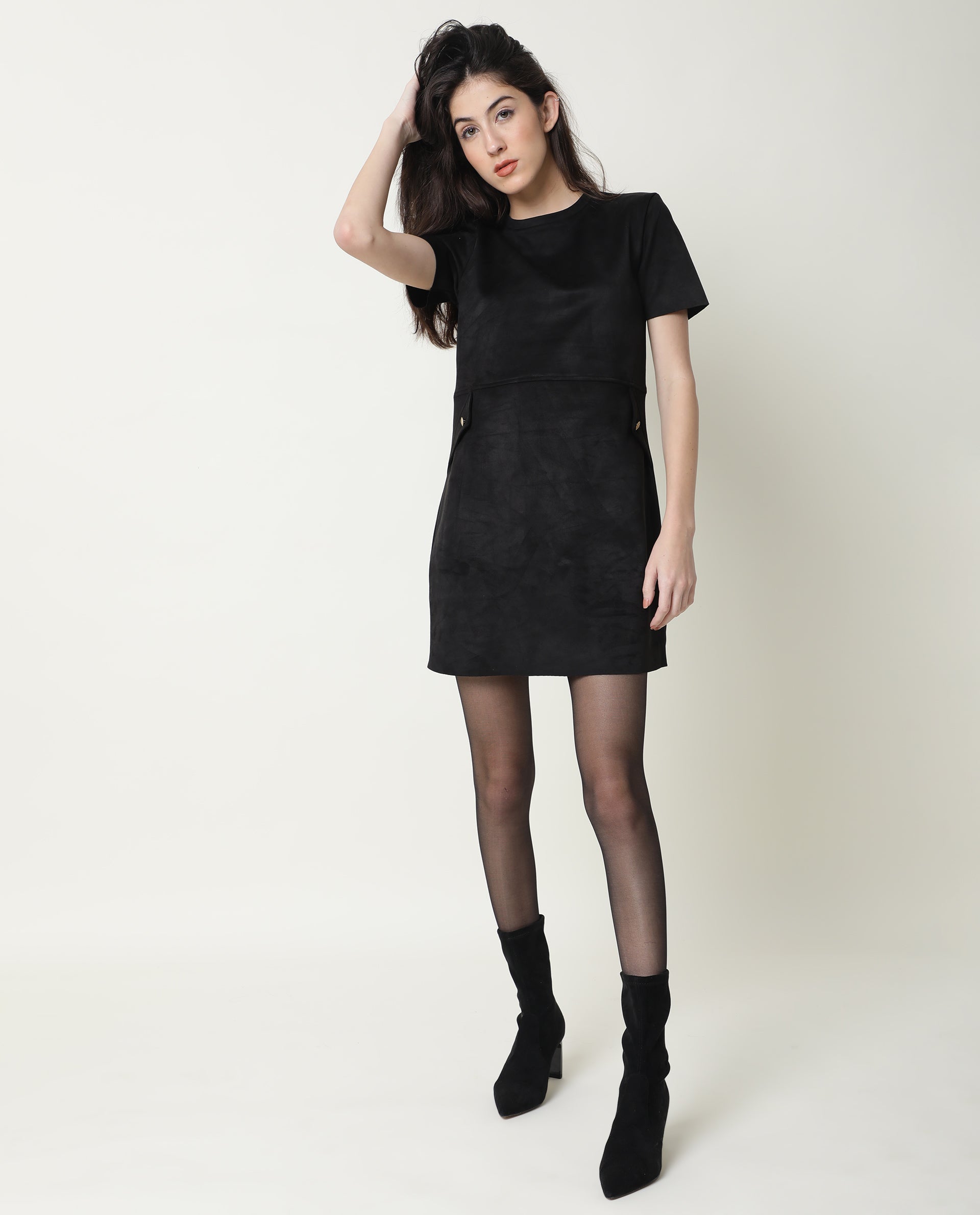 Rareism Women Sions Black Round Neck Short Sleeves Mini Dress