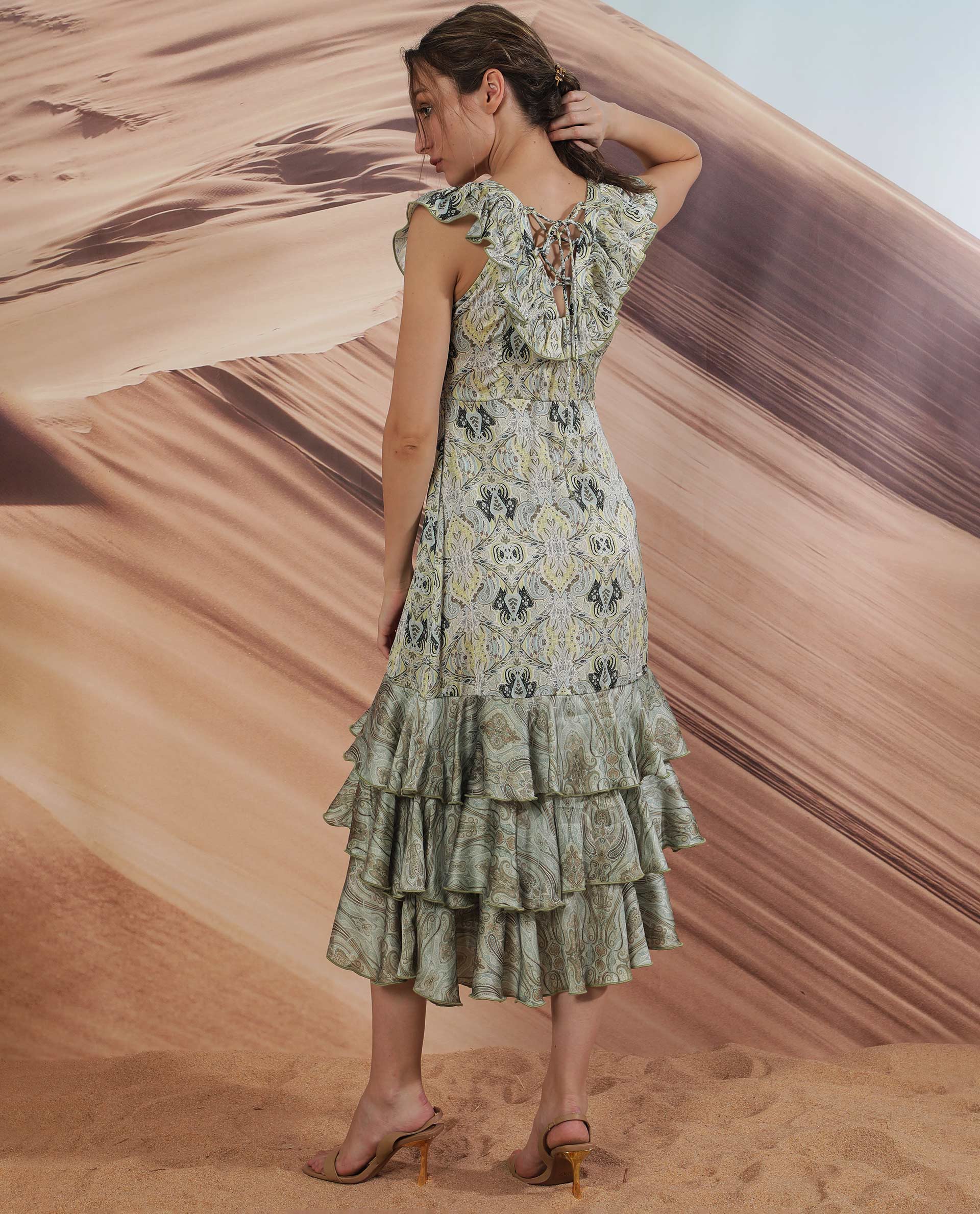 Rareism Women Aishia Off White Polyester Fabric Ruffled Neck Sleeveless Regular Fit Paisley Print Midi A-Line Dress