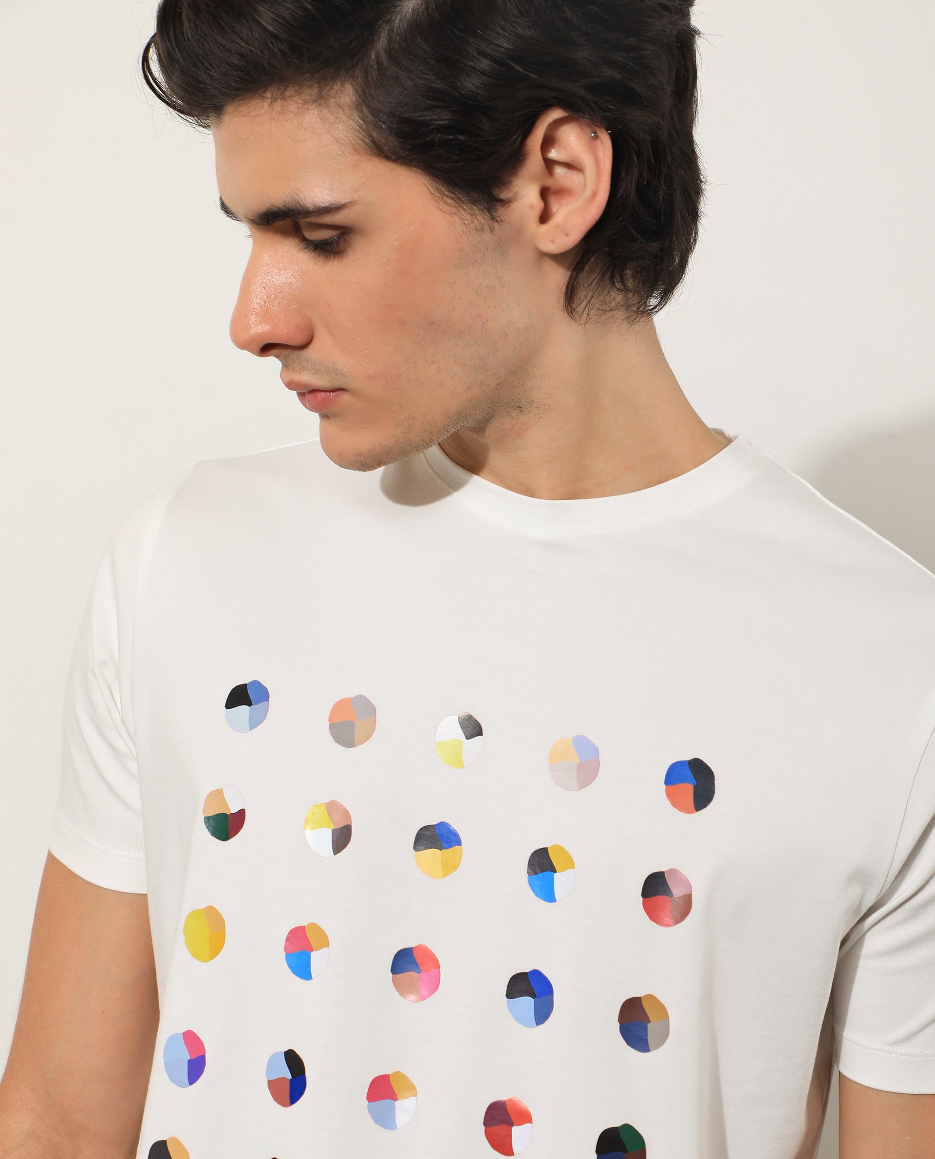 Rare Rabbit Men's Flips Off White Crew Neck Abstract Polka Print Half Sleeves Slim Fit T-Shirt