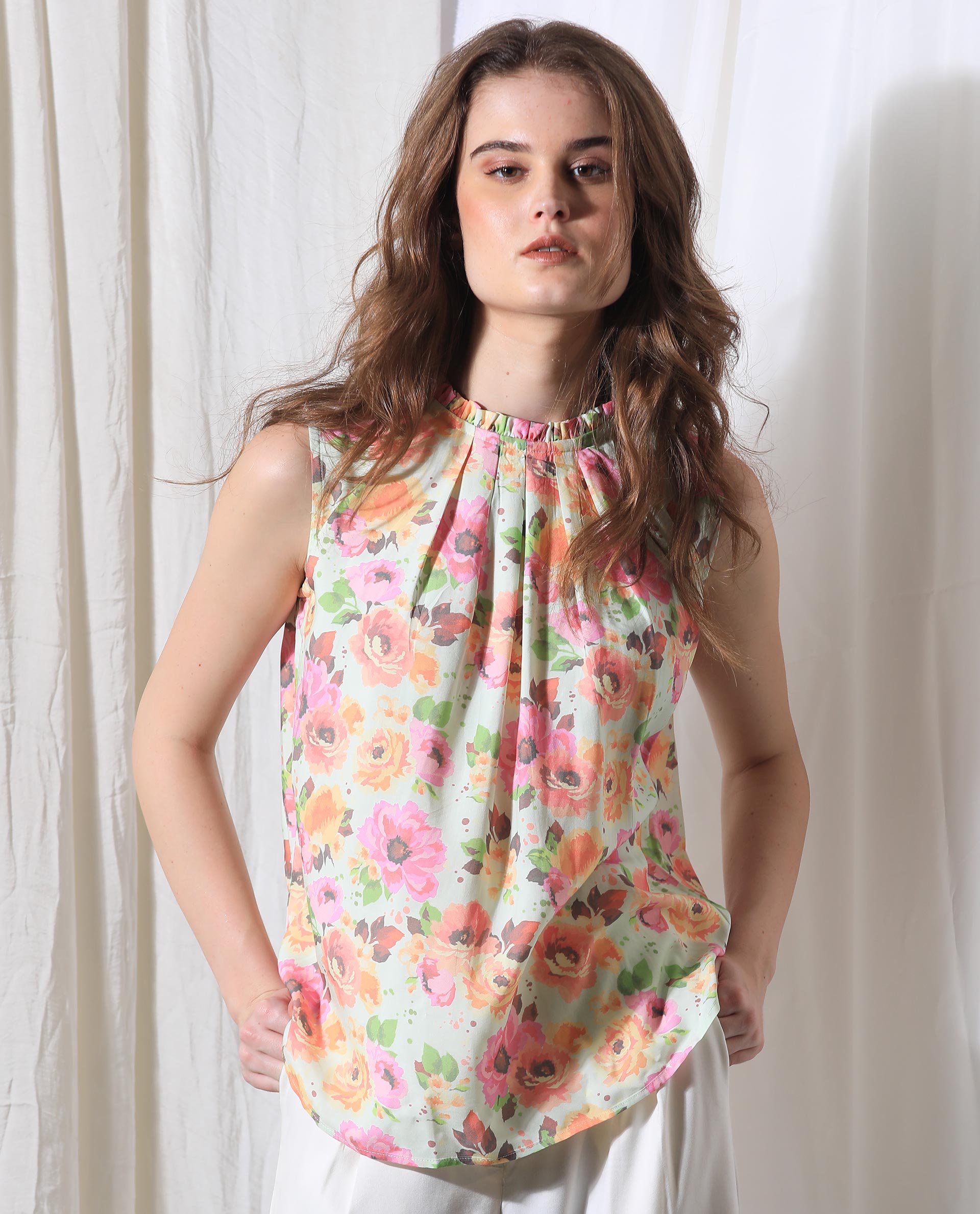 Rareism Women Litty Multi Viscose Fabric Ruffled Neck Sleeveless Regular Fit Floral Print Knee Length Top