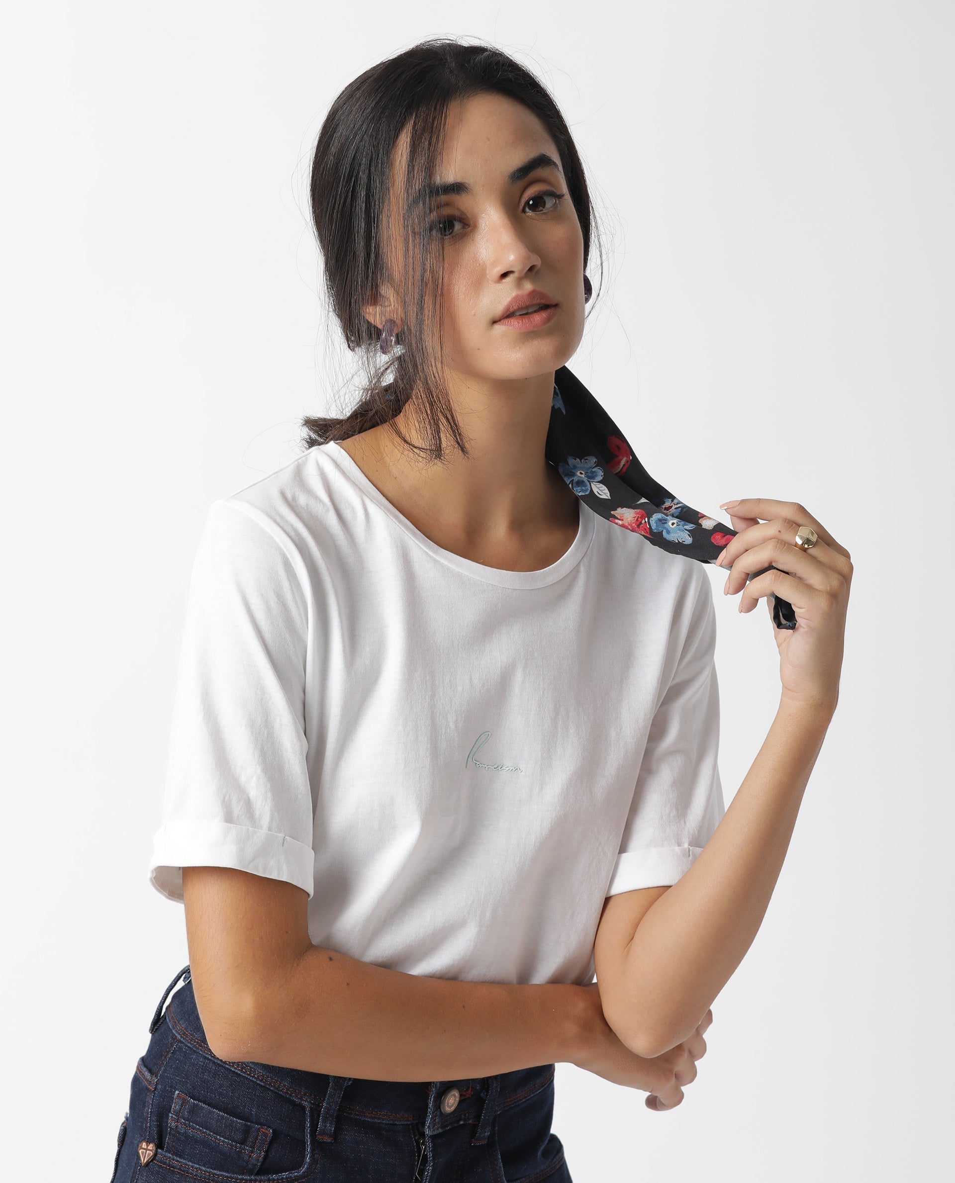 Rareism Women Nova Tee 2 White Cotton Blend Fabric Regular Fit Half Sleeves Solid Crew Neck T-Shirt