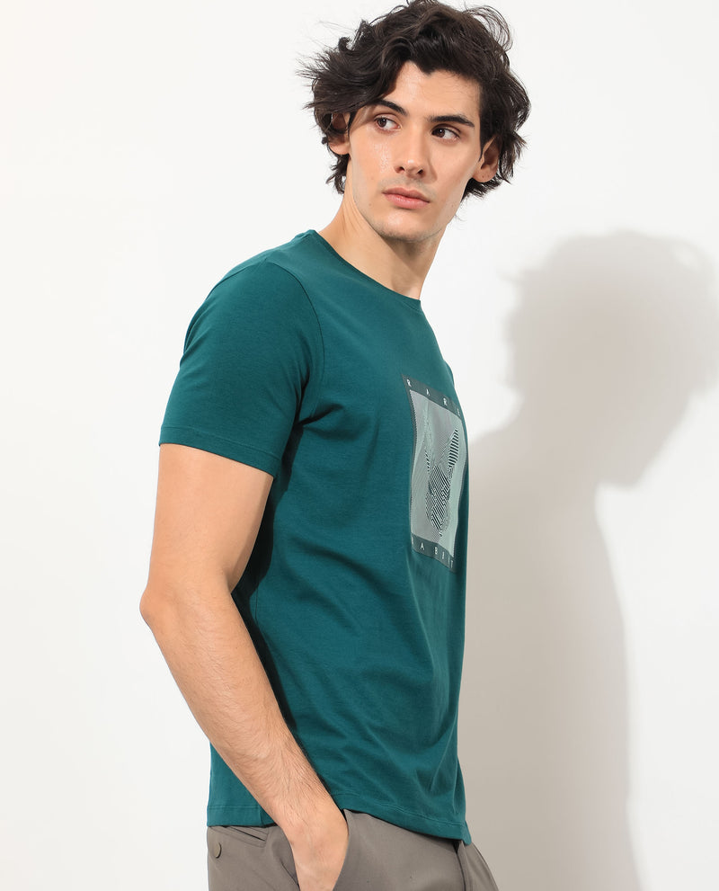 Rare Rabbit Men's Princeton Green Crew Neck Graphic Logo Printed Half Sleeves Slim Fit T-Shirt