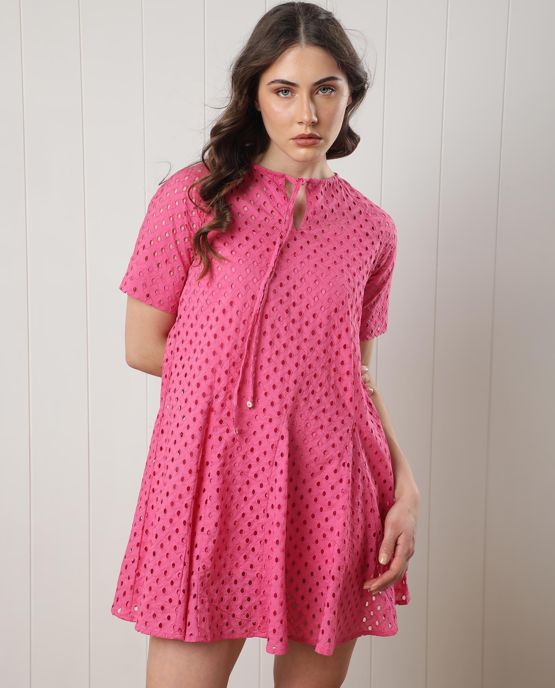 Rareism Women Bex Fluorescent Pink Schiffli Round Tie Up Neck With Short Sleeves And Elastic Belt At Waist Mini Dress