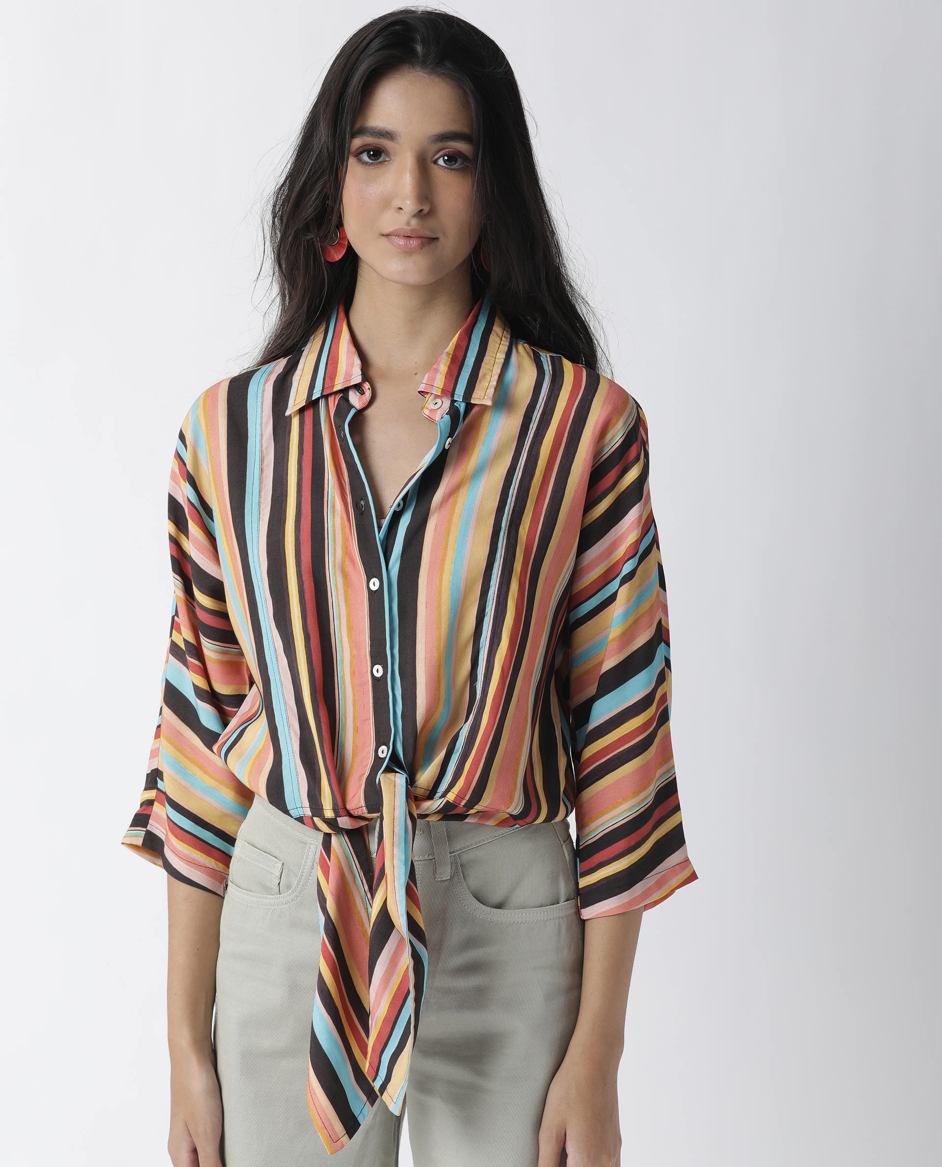 Rareism Womens Drumroll Multi Top Viscose Fabric Regular Fit 3/4 Sleeve Collared Neck